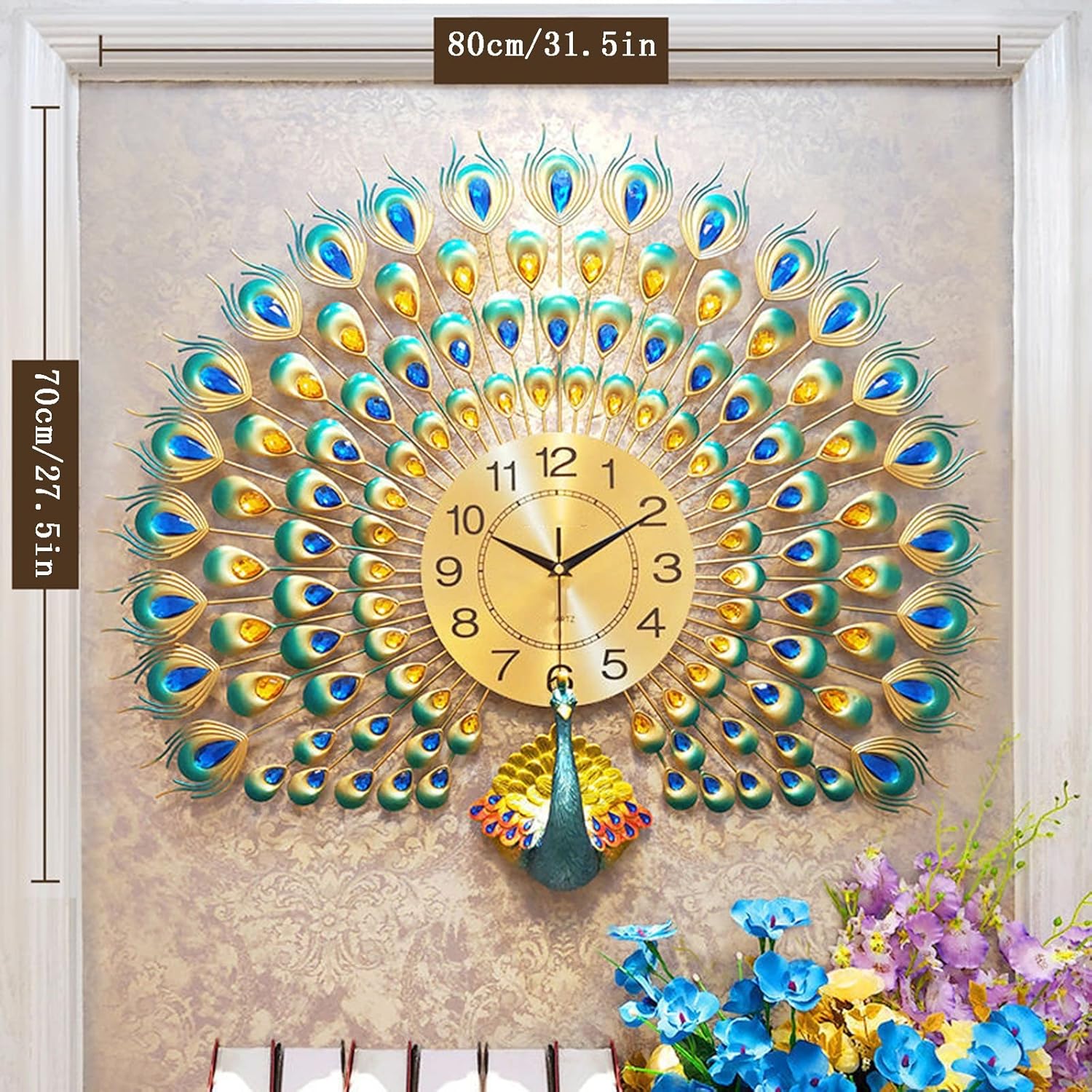 Reloj de pared grande de pavo real con diamantes de cristal, esfera de arte moderno, reloj de pared silencioso de cristal 3D, aguja de metal,