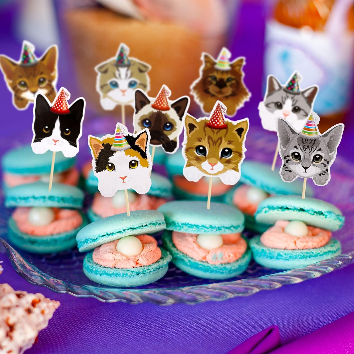 Gyufise 36 piezas de decoración para cupcakes de gatos, caras de gatos, decoración de tartas con temática de gatitos, palillos de dientes,