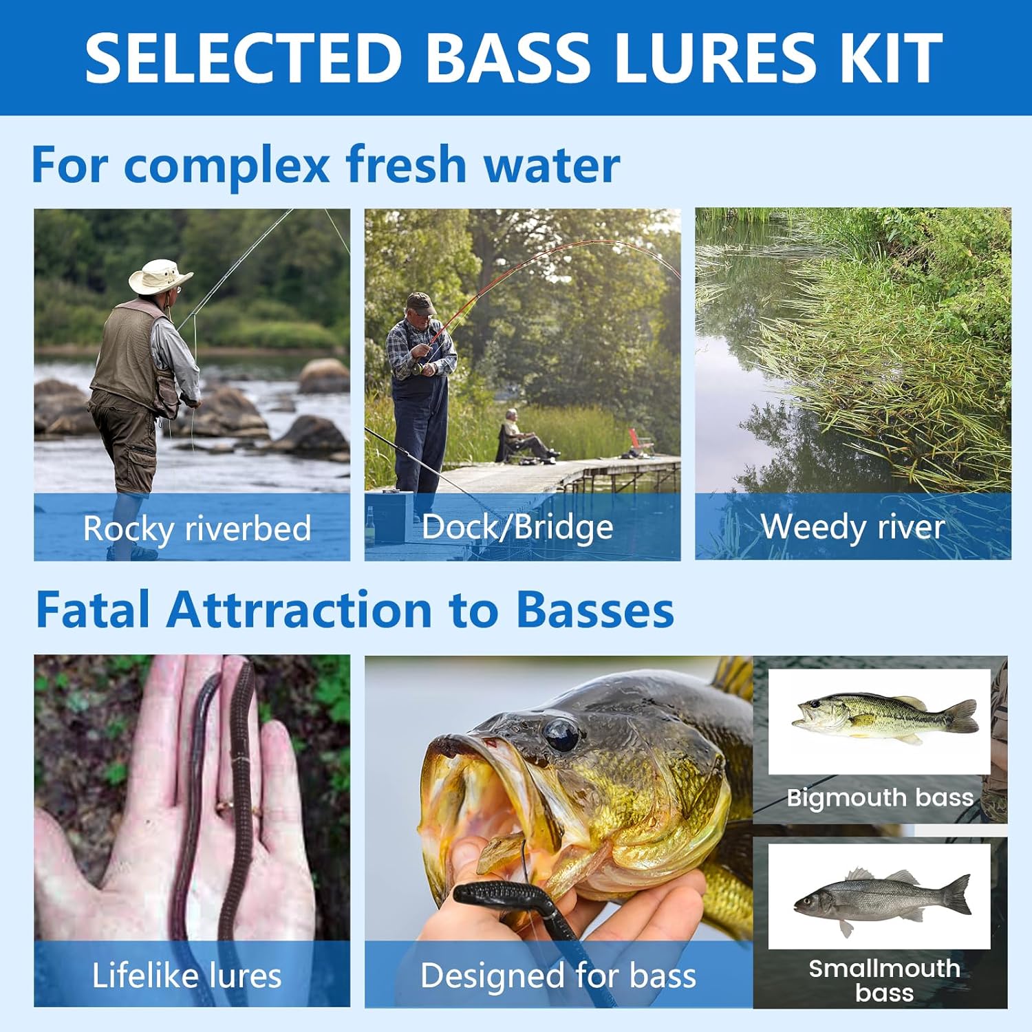Kit de señuelos de pesca de lubina, 48 piezas, aparejos de pesca para lubina, cebos y señuelos de pesca, gusanos de plástico suave, ciempiés,