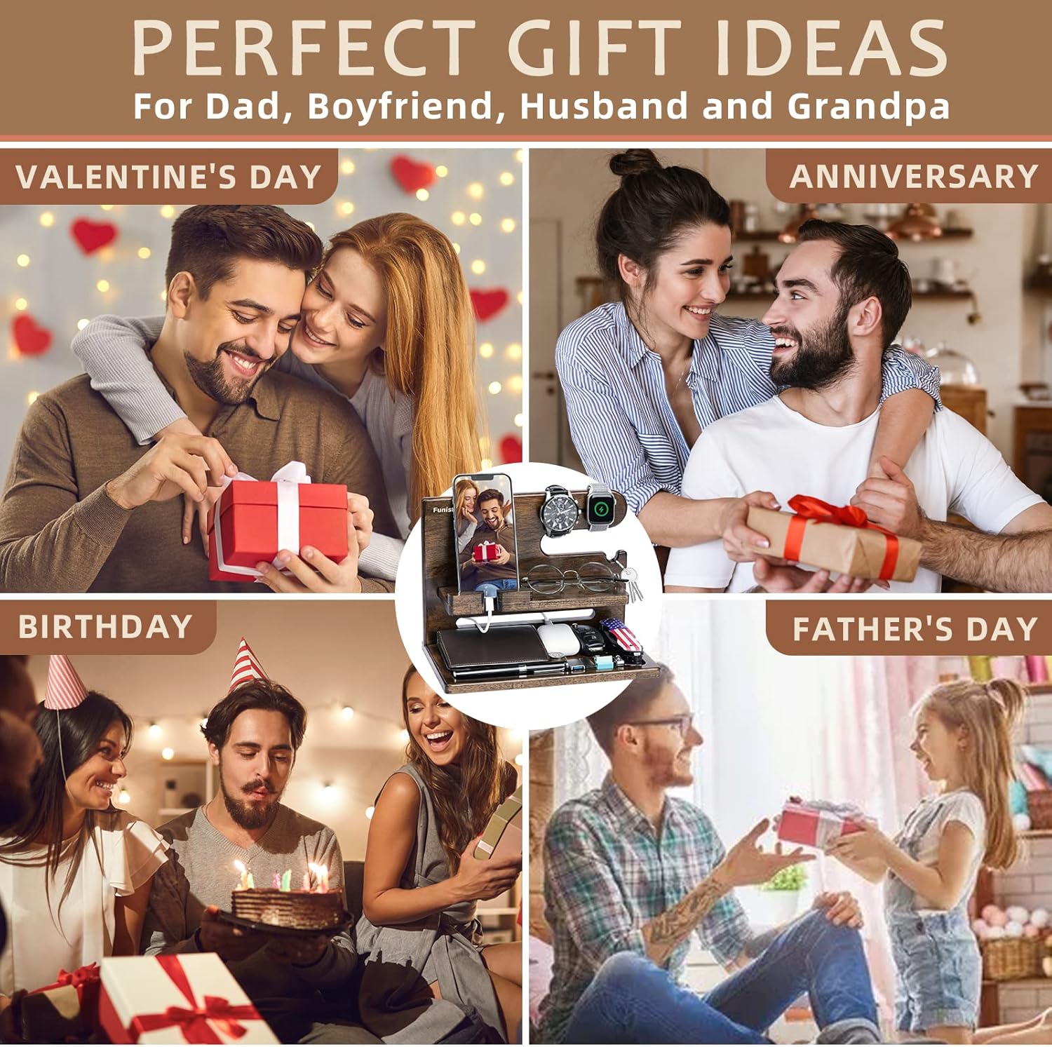 Regalos para hombres, estación de acoplamiento de teléfono de madera, regalos para papá esposo para el día del padre de hija, hijo, esposa,