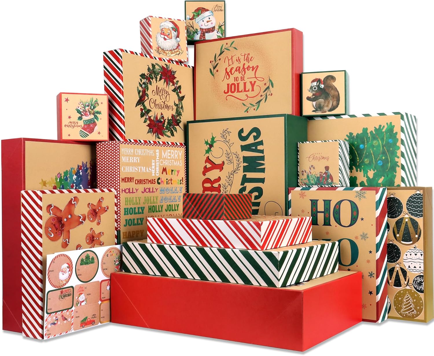 POPGIFTU 18 cajas de Navidad de papel kraft con tapas para regalos (4 tamaños y 18 diseños), cajas de regalo de Navidad a granel con etiquetas