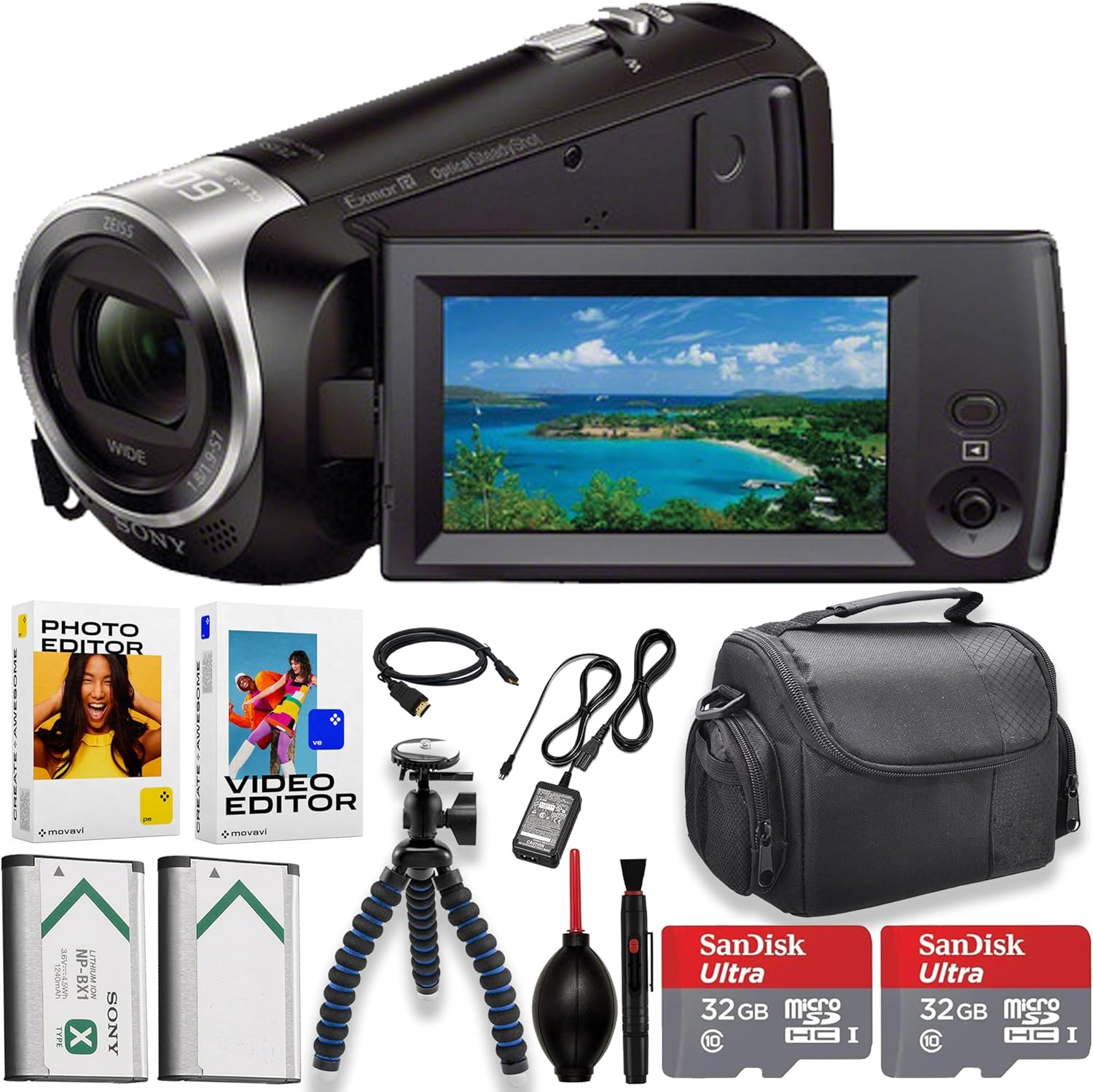 HDR-CX405 HD Handycam con dos tarjetas SD de 32 GB + batería extra + editor de ropa suave de vídeo e imagen y más