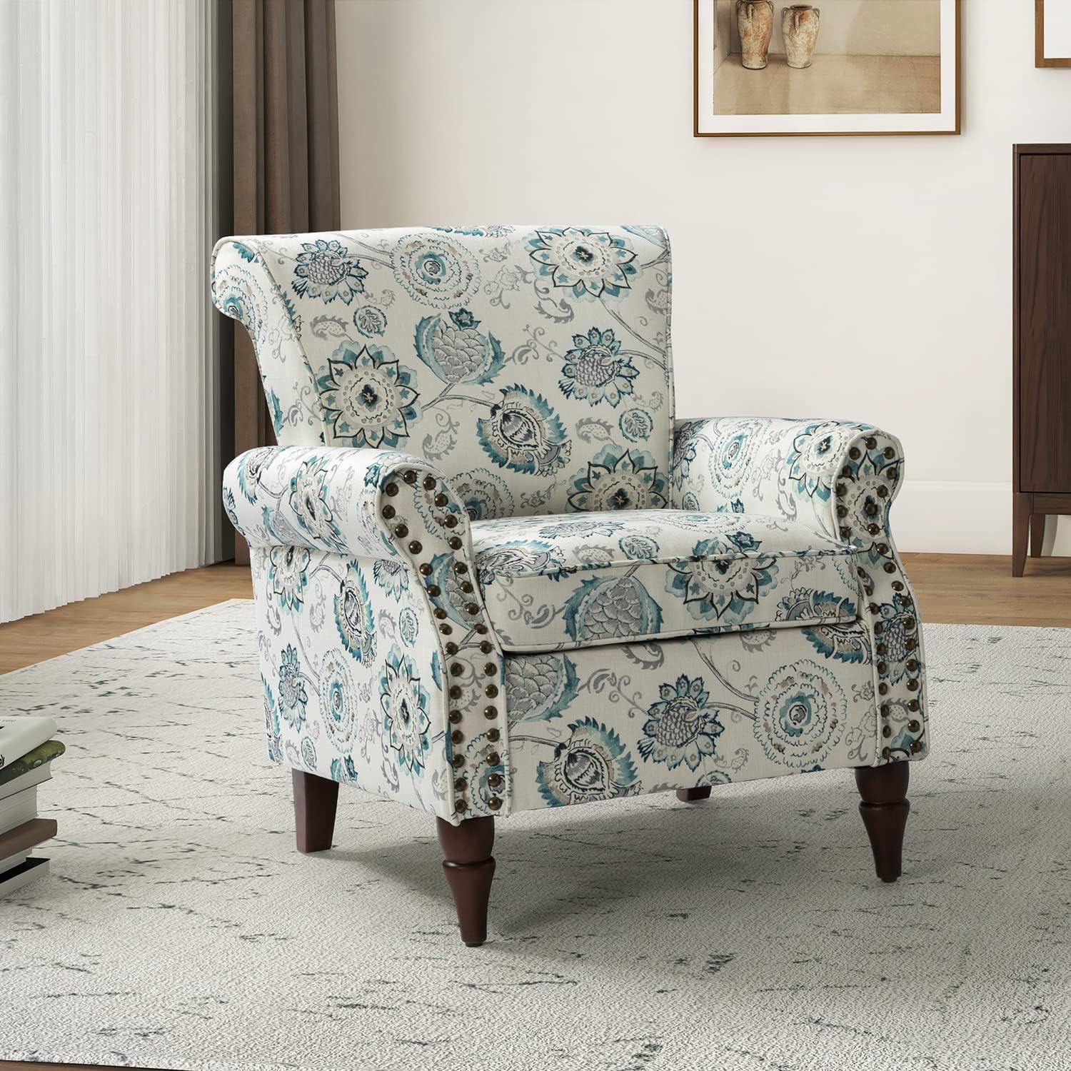 HULALA HOME Silla moderna con respaldo de alas con patas de madera y cojín extraíble, cómodo sillón tapizado con ribete de cabeza de clavo, sofá