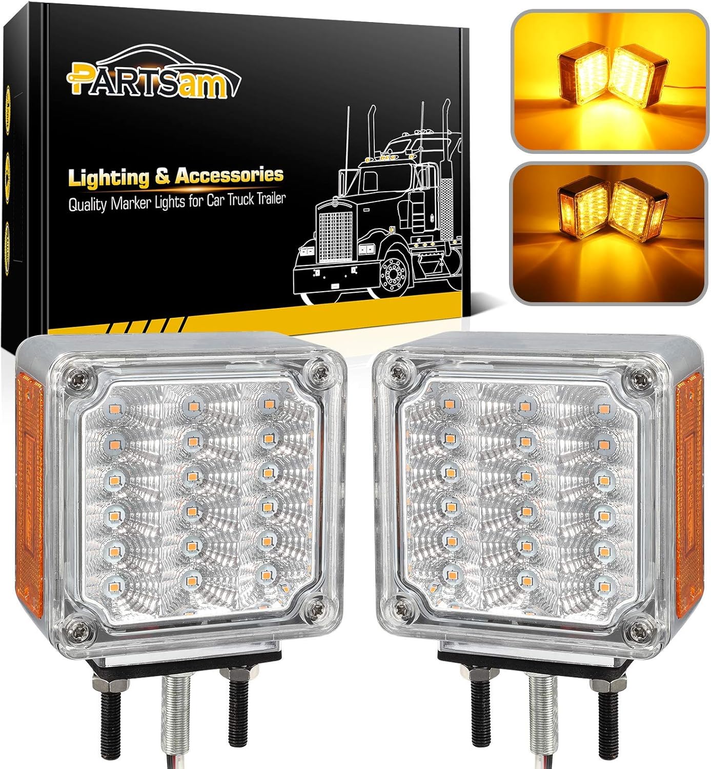 Partsam 2 luces LED cuadradas de doble cara, luces direccionales de estacionamiento, lente transparente, ámbarámbar, 39 luces LED cuadradas con