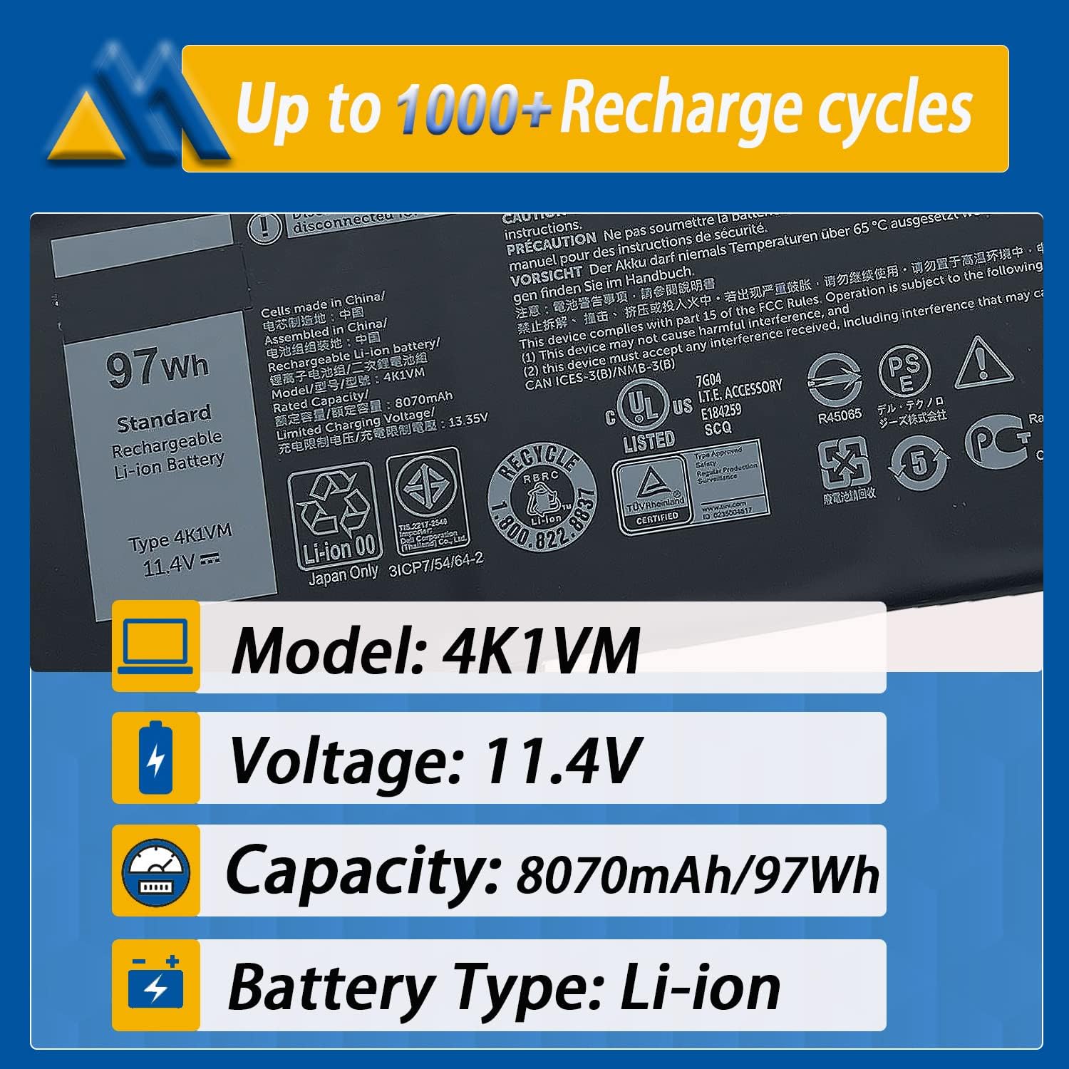 Reemplazo de batería 97Wh 4K1VM para Dell G7 17 7700 Series Notebook W62W6 0W62W6 9TM7D 09TM7D XYCW0 0XYCW0 V0GMT NCC3D 0NCC3D NYD3W 0NYD3W 11.4V