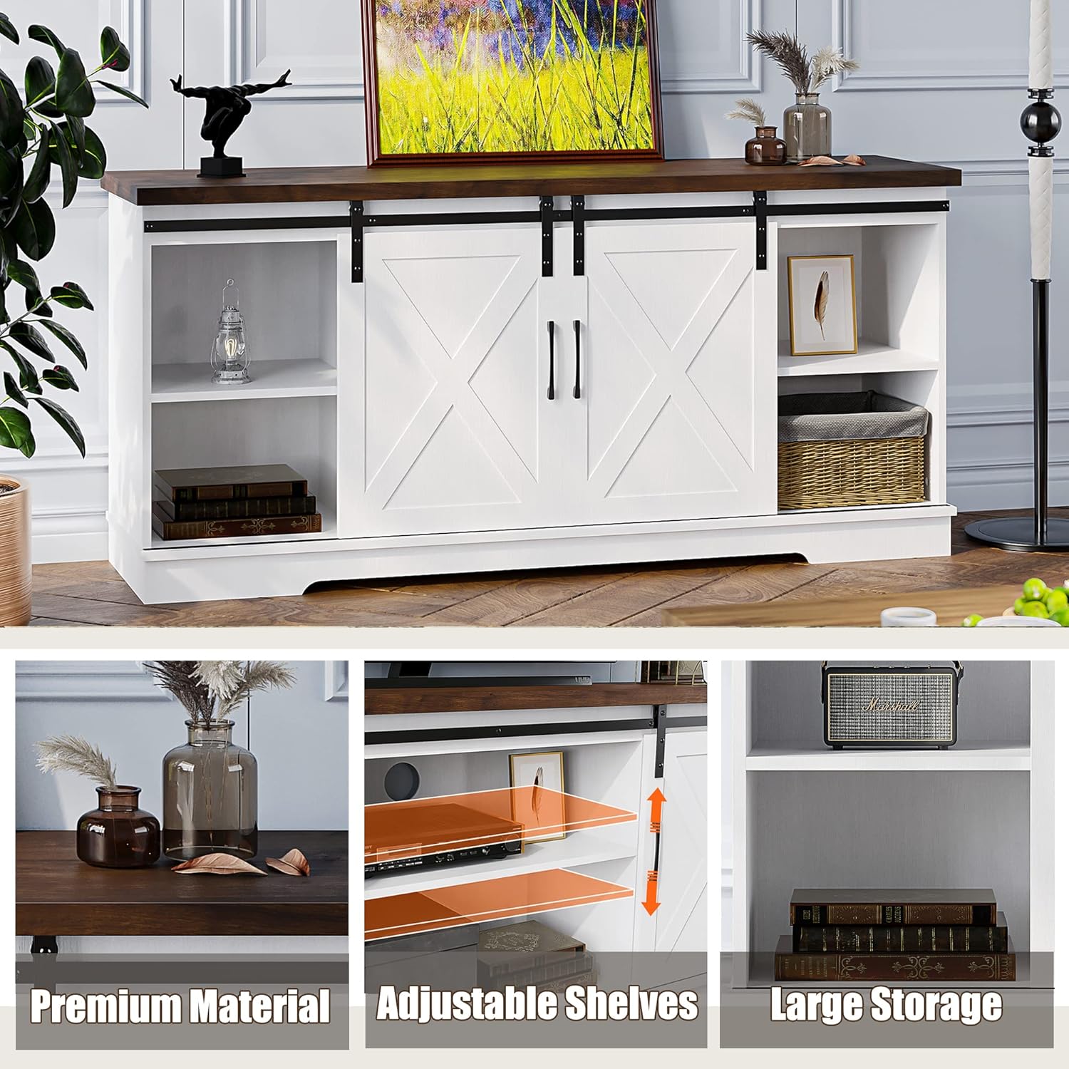 IDEALHOUSE Soporte de TV de granja, centro de entretenimiento para consola multimedia de TV de 65 pulgadas, soporte de TV blanco con puerta de