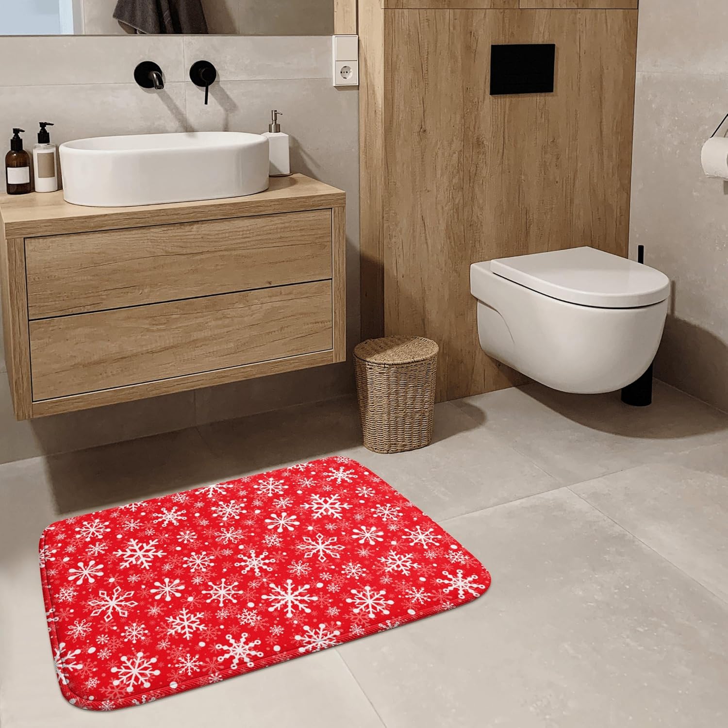 Tapete de baño rojo con copos de nieve navideños, antideslizantes, de franela, absorbente de agua, de secado rápido, suave, para suelo, dormitorio,