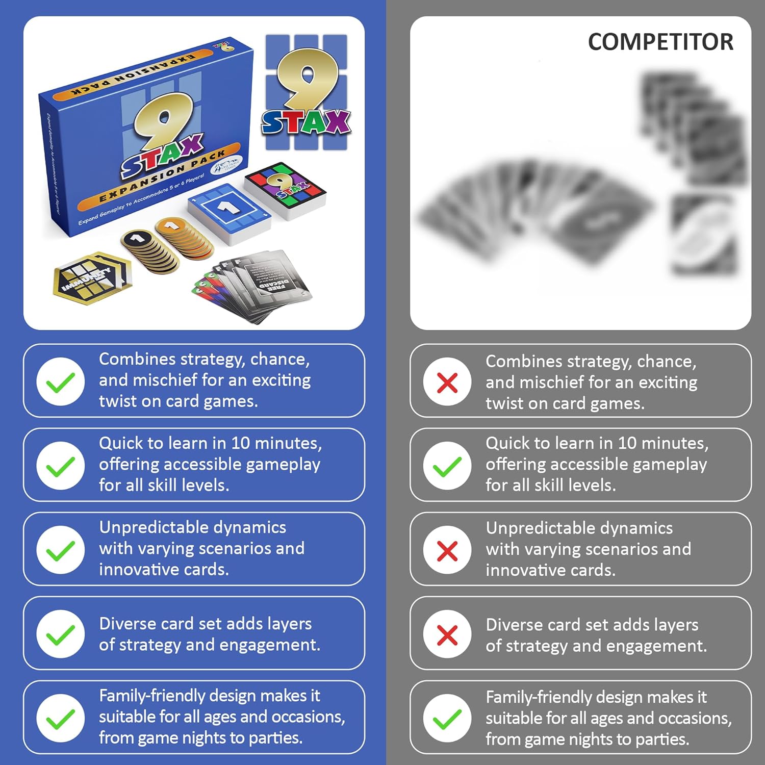 9Stax Paquete de expansión de juego de cartas, juego de cartas para toda la familia, diversión para niños, adolescentes y adultos, expande el juego