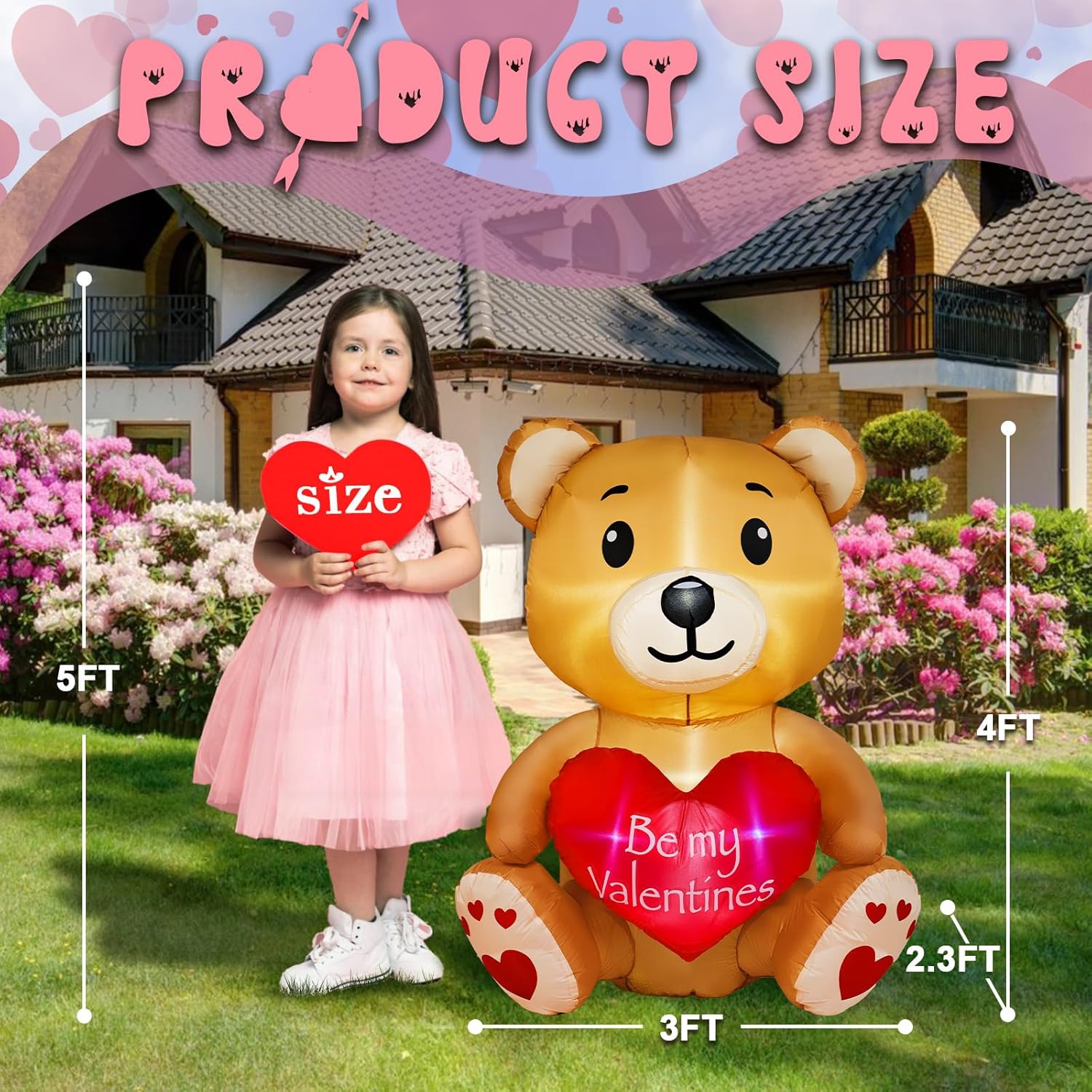 Oso inflable para el día de San Valentín de 4 pies con corazón de amor, decoración del día de San Valentín, luces LED RGB integradas, regalo del día