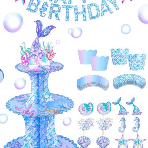 JroyJoy Soporte para cupcakes de sirena, 3 niveles con decoración de tartas y envoltorios de cupcakes y juego de pancartas de feliz cumpleaños, JroyJoy Soporte para cupcakes de sirena, 3 niveles con decoración de tartas y envoltorios de cupcakes y juego de pancartas de feliz cumpleaños,