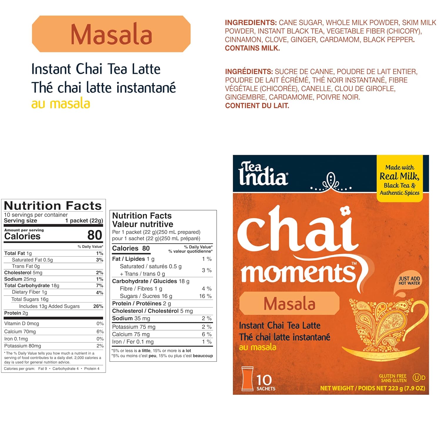 Tea India Chai Moments Masala Chai Tea Instant Latte Mix Mezcla sabrosa de té negro premium e ingredientes naturales Té tradicional indio con