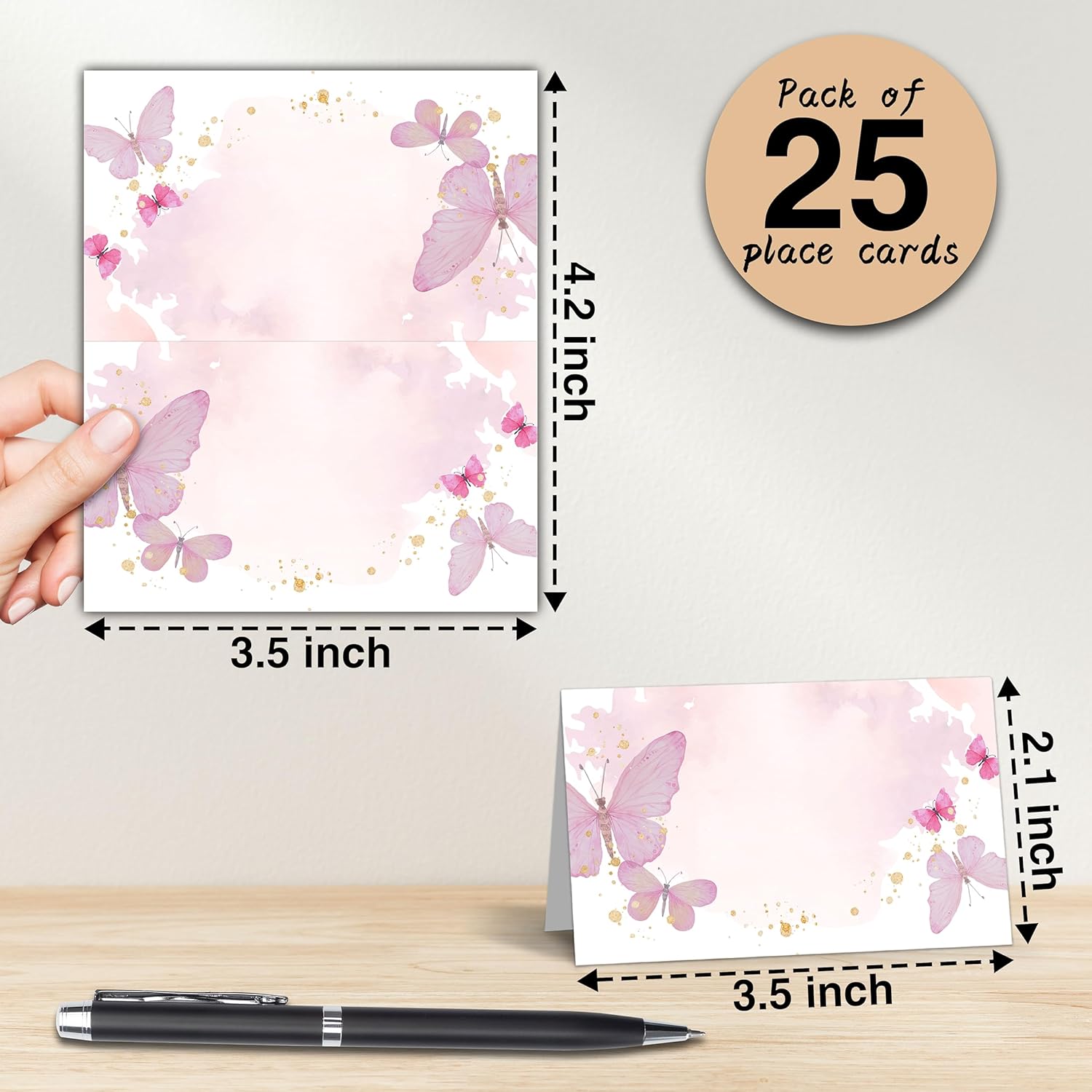 Tarjetas de lugar de mariposa para colocar la mesa, 25 tarjetas de lugar con nombre de media pliegue, tarjetas de estilo de tienda de campaña rosa