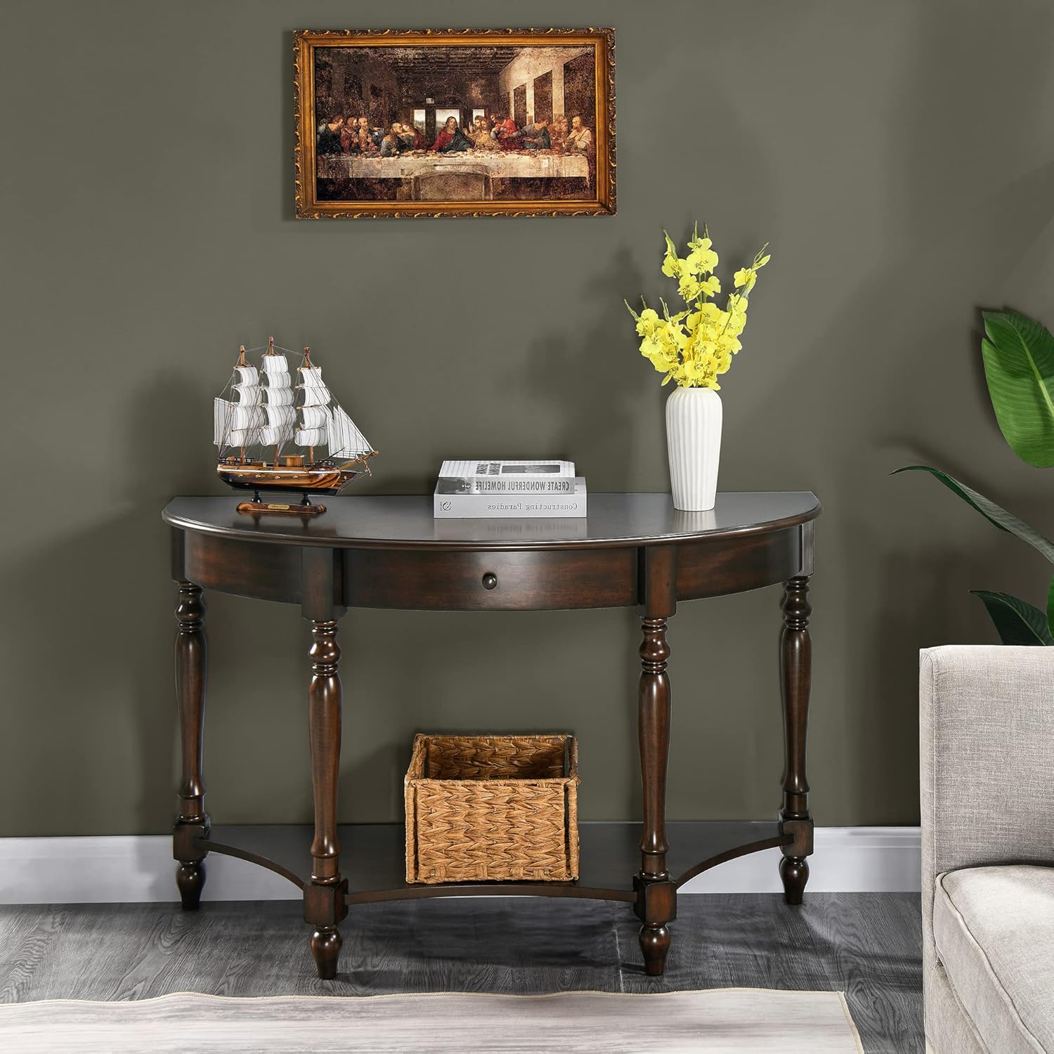 MODERION Mesa consola de madera maciza con cajón, mesa de entrada semicírculo con estante de almacenamiento, media luna tradicional elegante mesa de