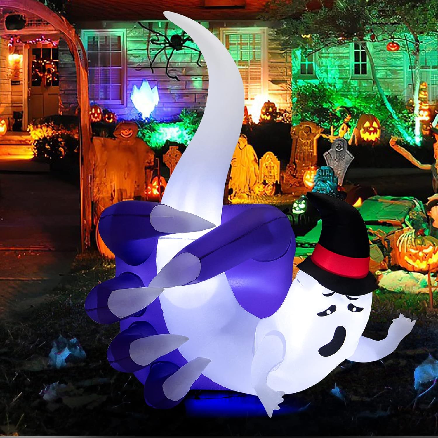 COSTWAY Mano inflable de Halloween de 6 pies para sostener el fantasma con LED integrado y soplador de aire