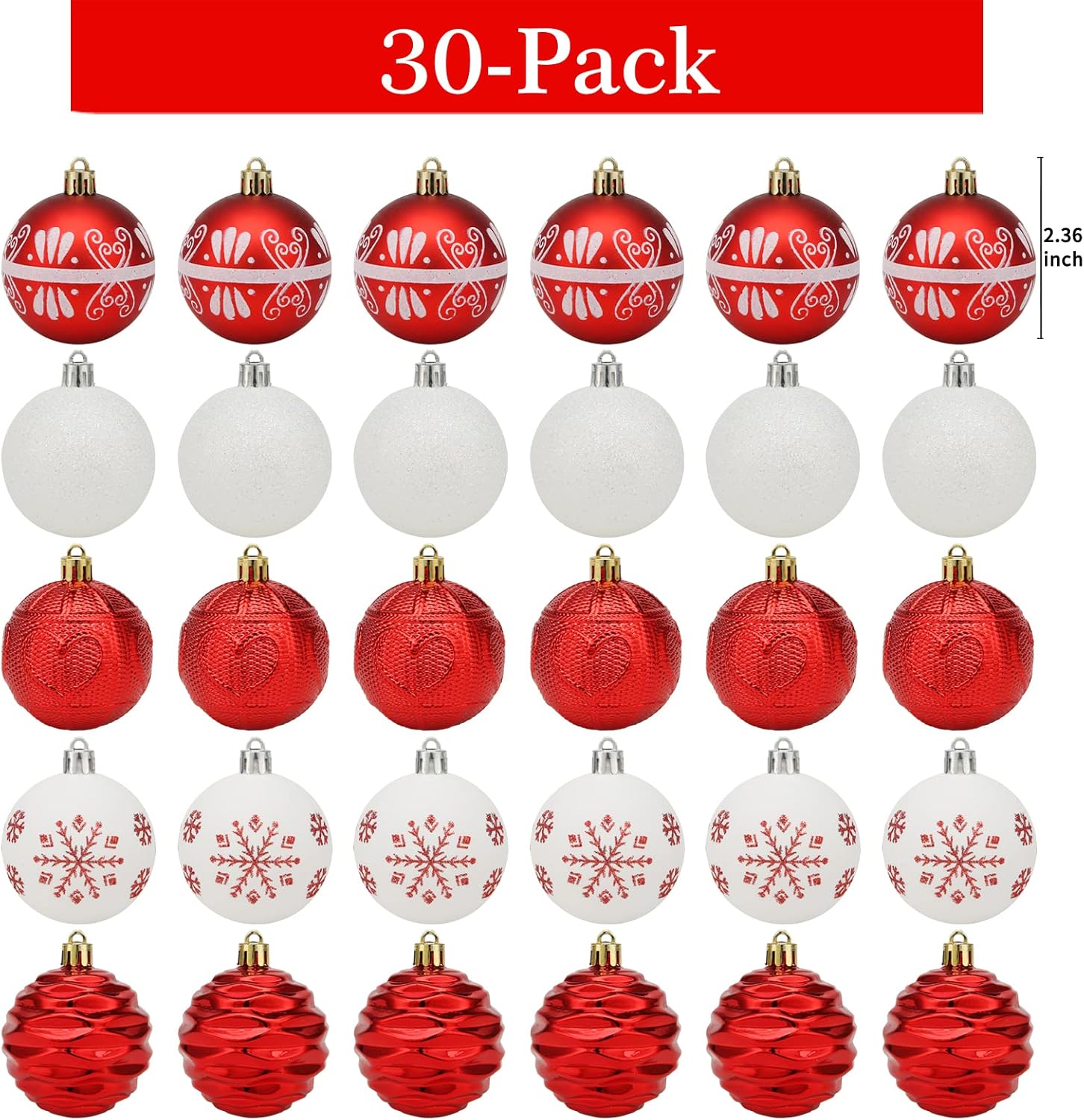 Adornos de bola de árbol de Navidad inastillables de 30 unidades, bolas rojas y blancas de 2.36 pulgadas, juego a granel para decoración de fiestas