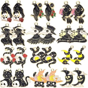 Sasylvia 48 dijes de Halloween para fabricación de joyas, dijes góticos negros, incluyen 12 estilos de cuervo, calavera, serpiente, gato, luna para Sasylvia 48 dijes de Halloween para fabricación de joyas, dijes góticos negros, incluyen 12 estilos de cuervo, calavera, serpiente, gato, luna para