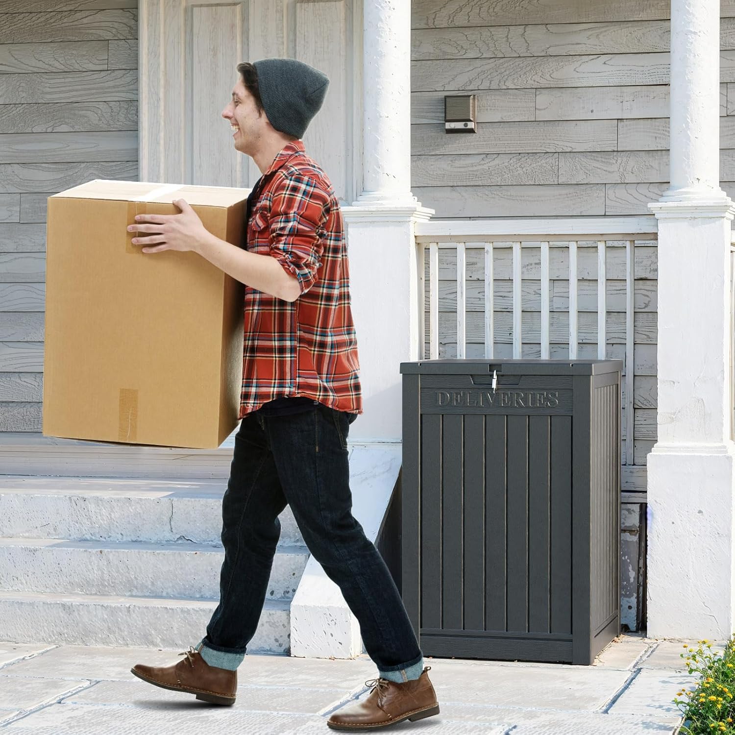 Caja de entrega de resina de 48 galones, resistente al óxido y a la humedad, con cerradura, caja impermeable para porches, patios, uso en interiores