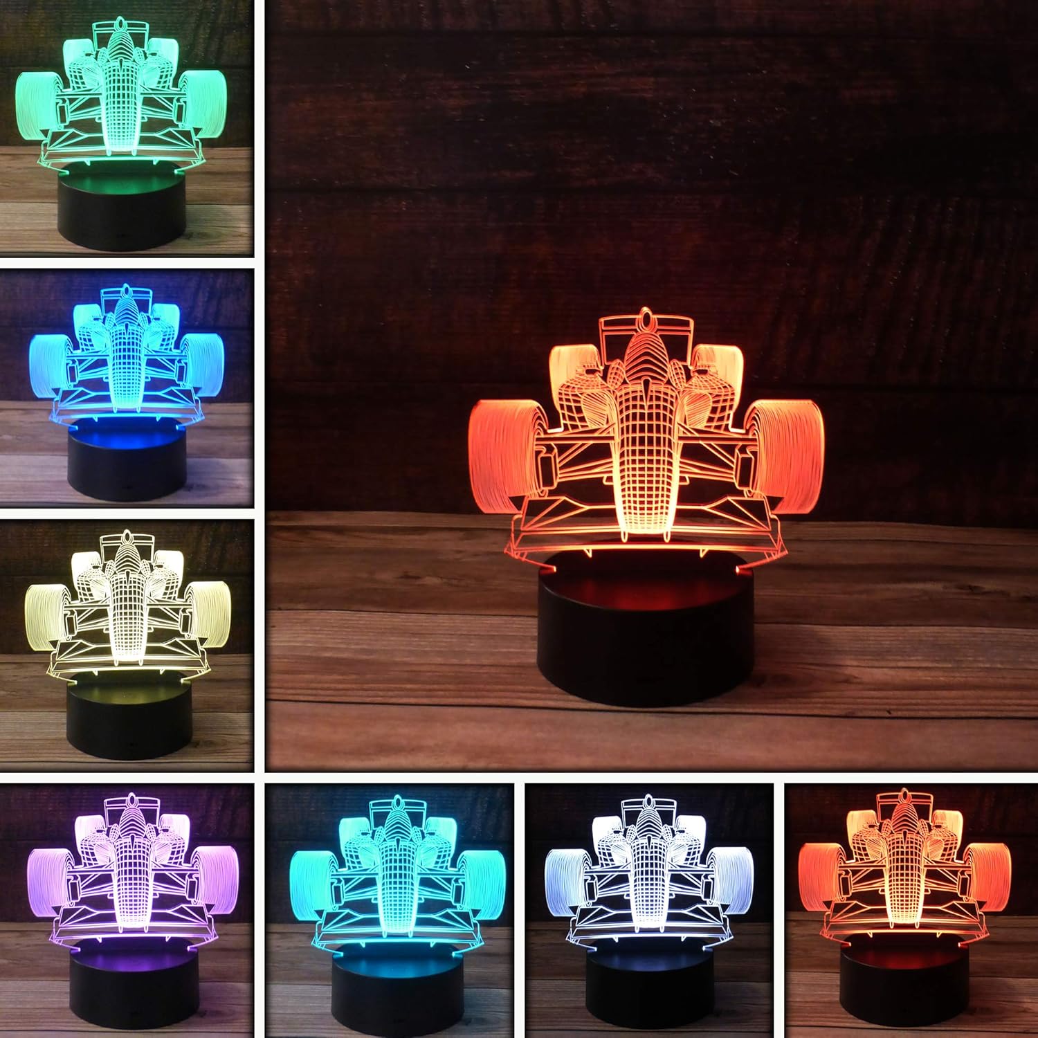 Luz de escritorio 3D de Fórmula 1 para auto de carreras, base de lámpara LED de 7 colores con USB o batería y control táctil, desvanecimiento