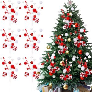 6 piezas de dulces rojos y blancos para decoración de árbol de Navidad, paletas, adornos de Navidad, bolas de caramelo rizado para decoración de 6 piezas de dulces rojos y blancos para decoración de árbol de Navidad, paletas, adornos de Navidad, bolas de caramelo rizado para decoración de