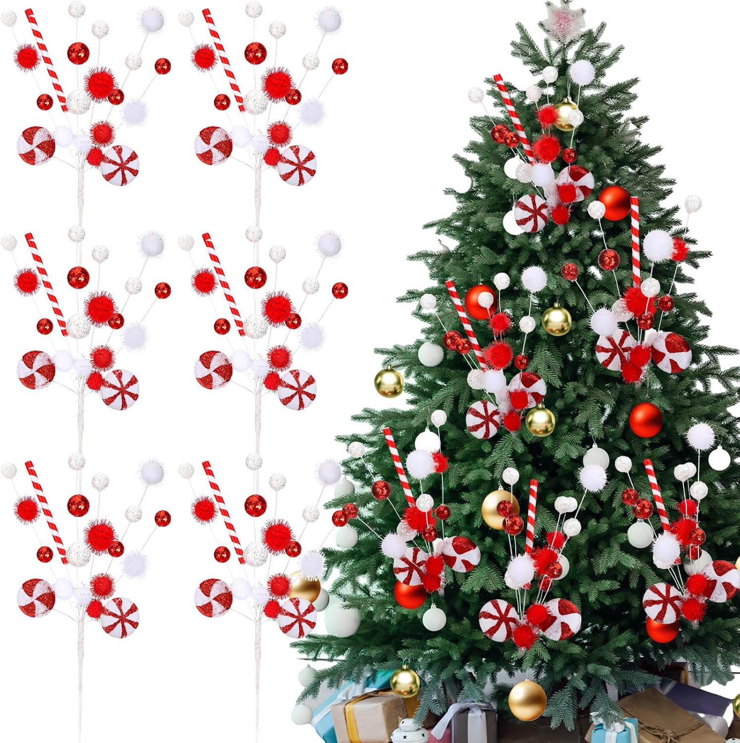 6 piezas de dulces rojos y blancos para decoración de árbol de Navidad, paletas, adornos de Navidad, bolas de caramelo rizado para decoración de