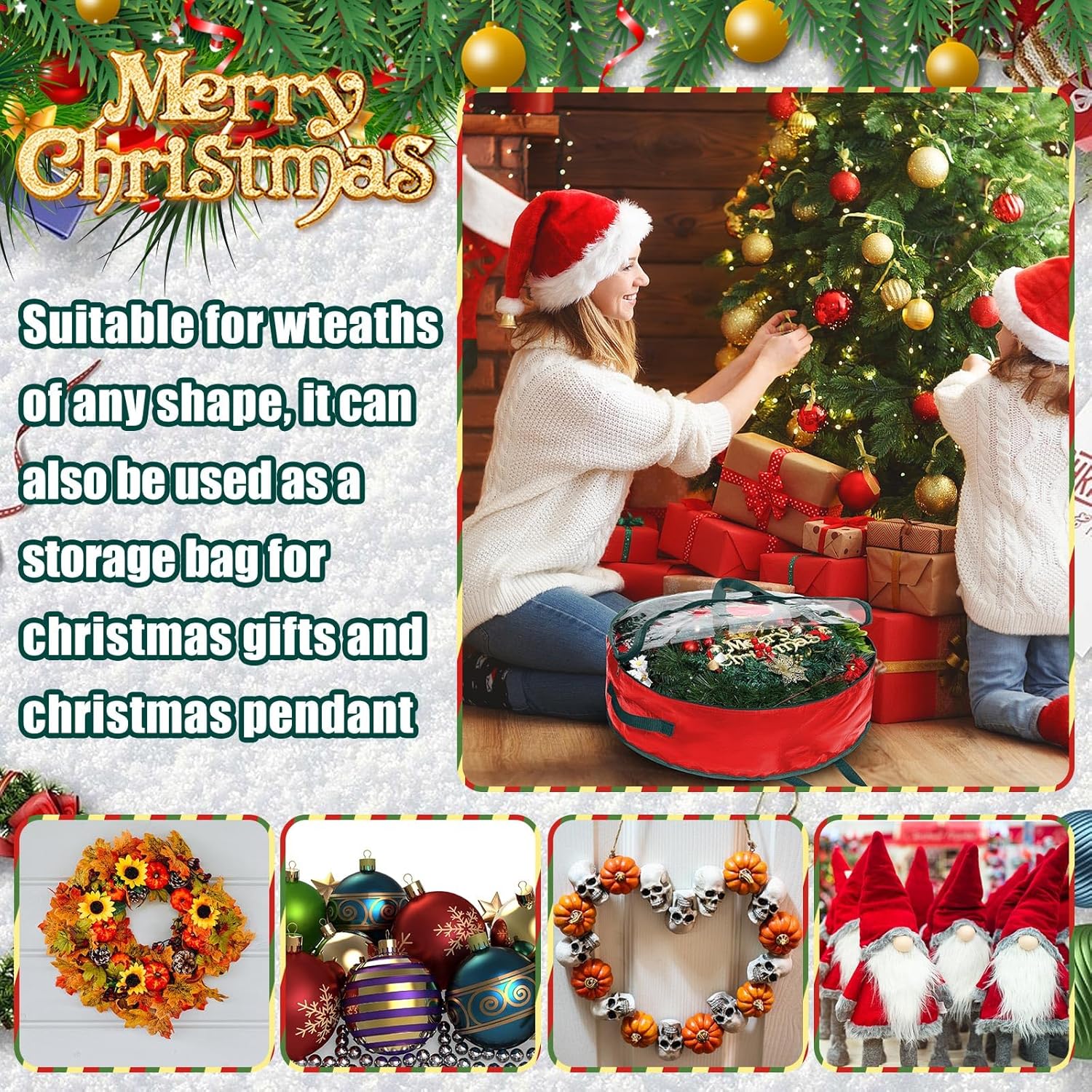 Shappy Bolsa de almacenamiento de corona de Navidad, contenedores de almacenamiento de plástico para coronas, contenedor de coronas, decoración de