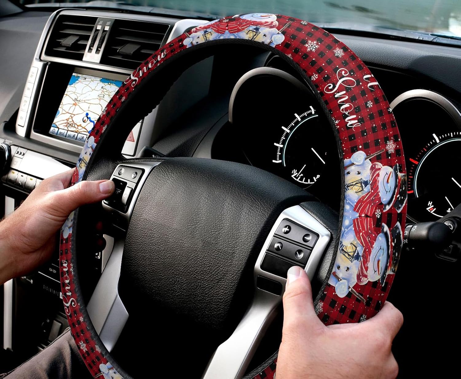 Funda para volante de automóvil, muñeco de nieve, copo de nieve, rojo y negro, a cuadros, elástico, de esponja elástica, para volantes, funda
