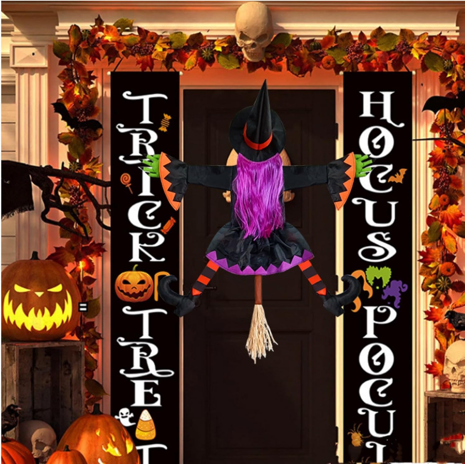 Gran bruja que se estrella en el árbol, decoraciones de Halloween al aire libre, accesorios de bruja estrellada, accesorios para colgar, decoración