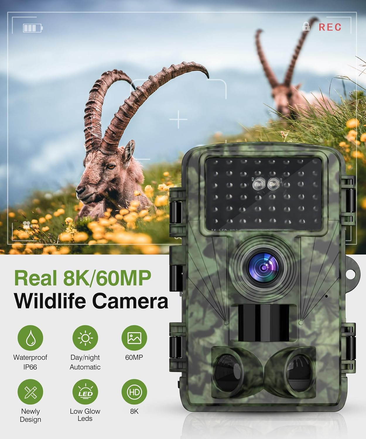 Cámara de sendero cámara de juego WiFi de 8K 60MP con tiempo de disparo de 0.3s, LED de 850 nm para cámara de caza de visión nocturna, aplicación de