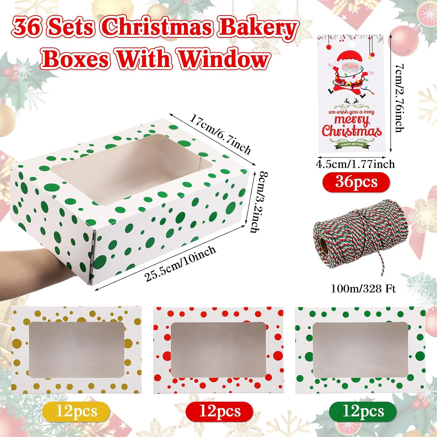 36 cajas de galletas de Navidad con ventana, cajas de panadería de Navidad de 10 x 6.7 x 3.2 pulgadas, recipientes de regalo de galletas con