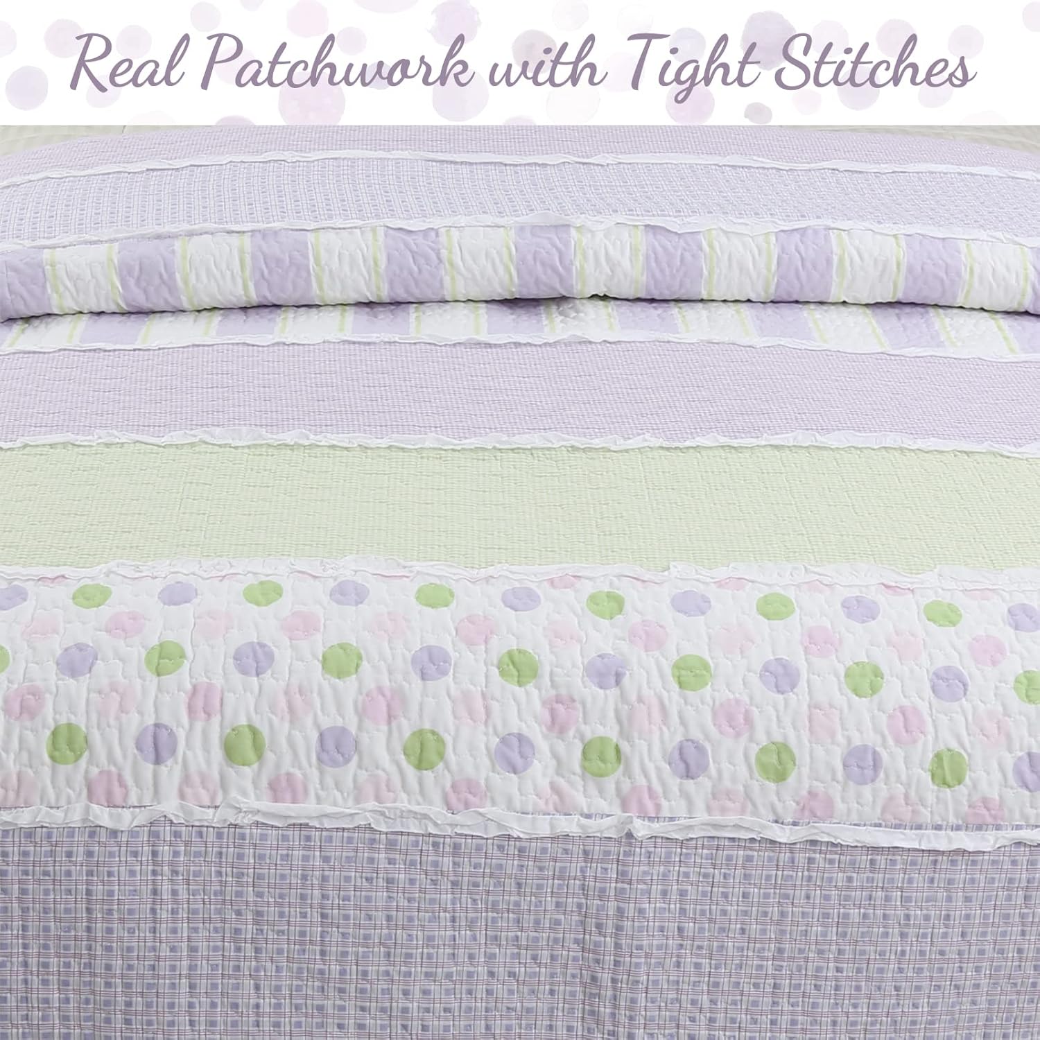 Cozy Line Home Fashions Juego de ropa de cama reversible de algodón con estampado de lunares y lunares blancos con volantes y retazos