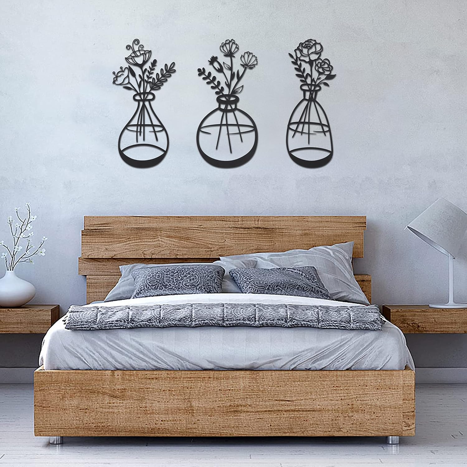 COLLECTIVE HOME – Arte de pared de metal, decoración de flores de pared, florero de 3 piezas, letrero floral de decoración de hierro, alambre de