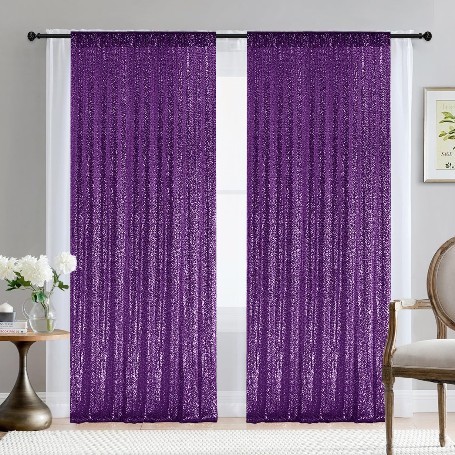 2 paneles de cortinas de fondo de lentejuelas moradas de 8 pies, fondo de tela con purpurina para decoración de Navidad, boda, fiesta