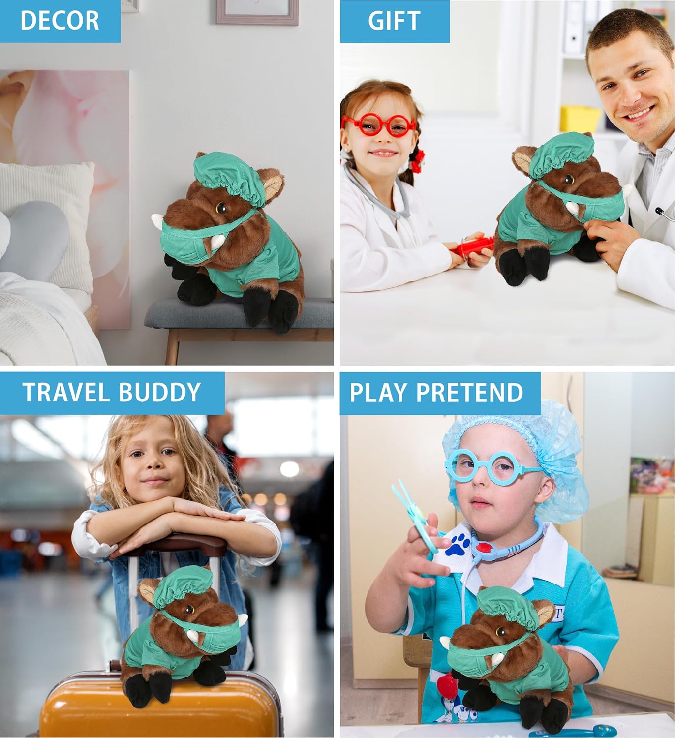 DolliBu Juguete de peluche de médico de jabalí salvaje, súper suave, disfraz de médico de jabalí con bonito uniforme y traje de gorra, regalo con