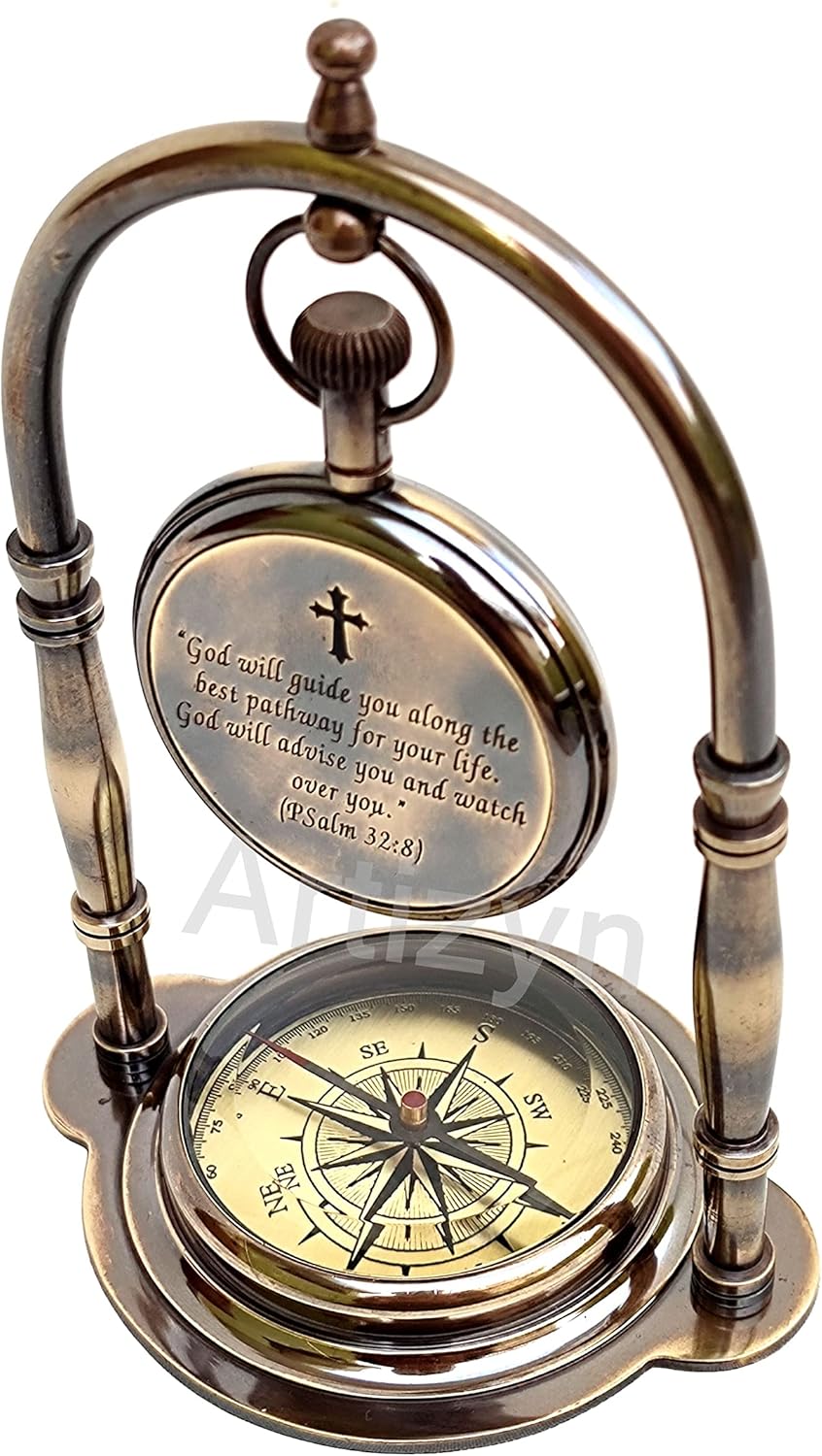 God is My Guide Salmo 328 Reloj de escritorio de barco de latón grabado náutico brújula de campamento regalo religioso para hombres, regalo