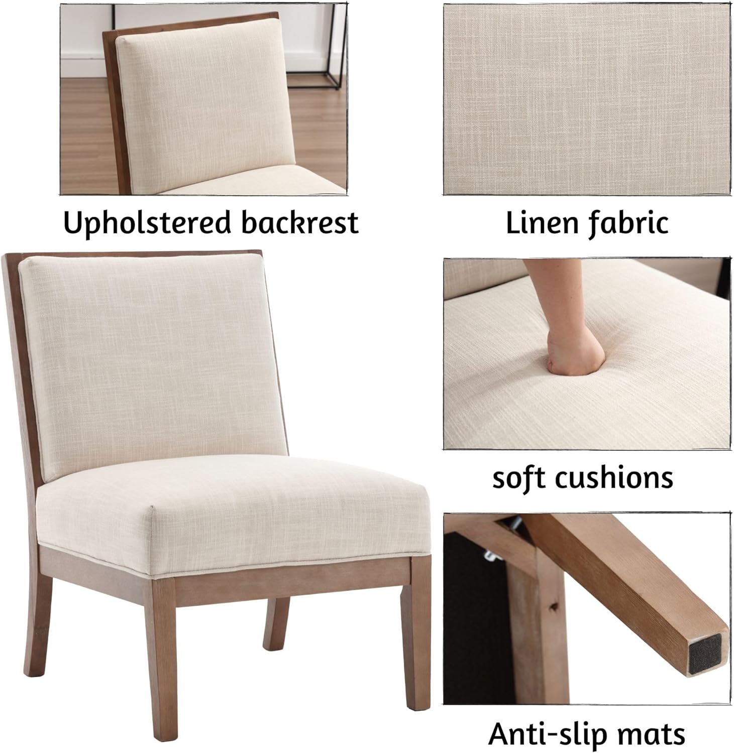 BESTANO Comfy Accent – Silla de lectura, silla tapizada sin brazos con patas de madera natural para sala de estar, dormitorio, lino beige