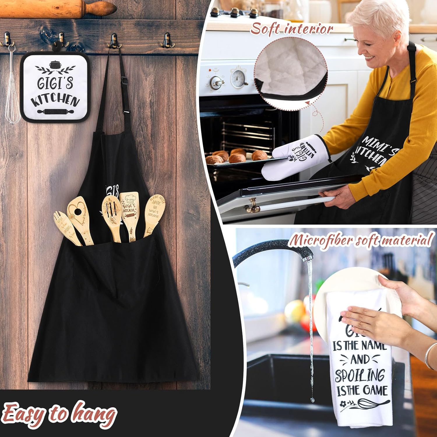 Juego de 10 piezas de regalo de cocina Mimi que incluye delantal de cocina de algodón, manoplas de horno, soporte para ollas de bambú, espátula de