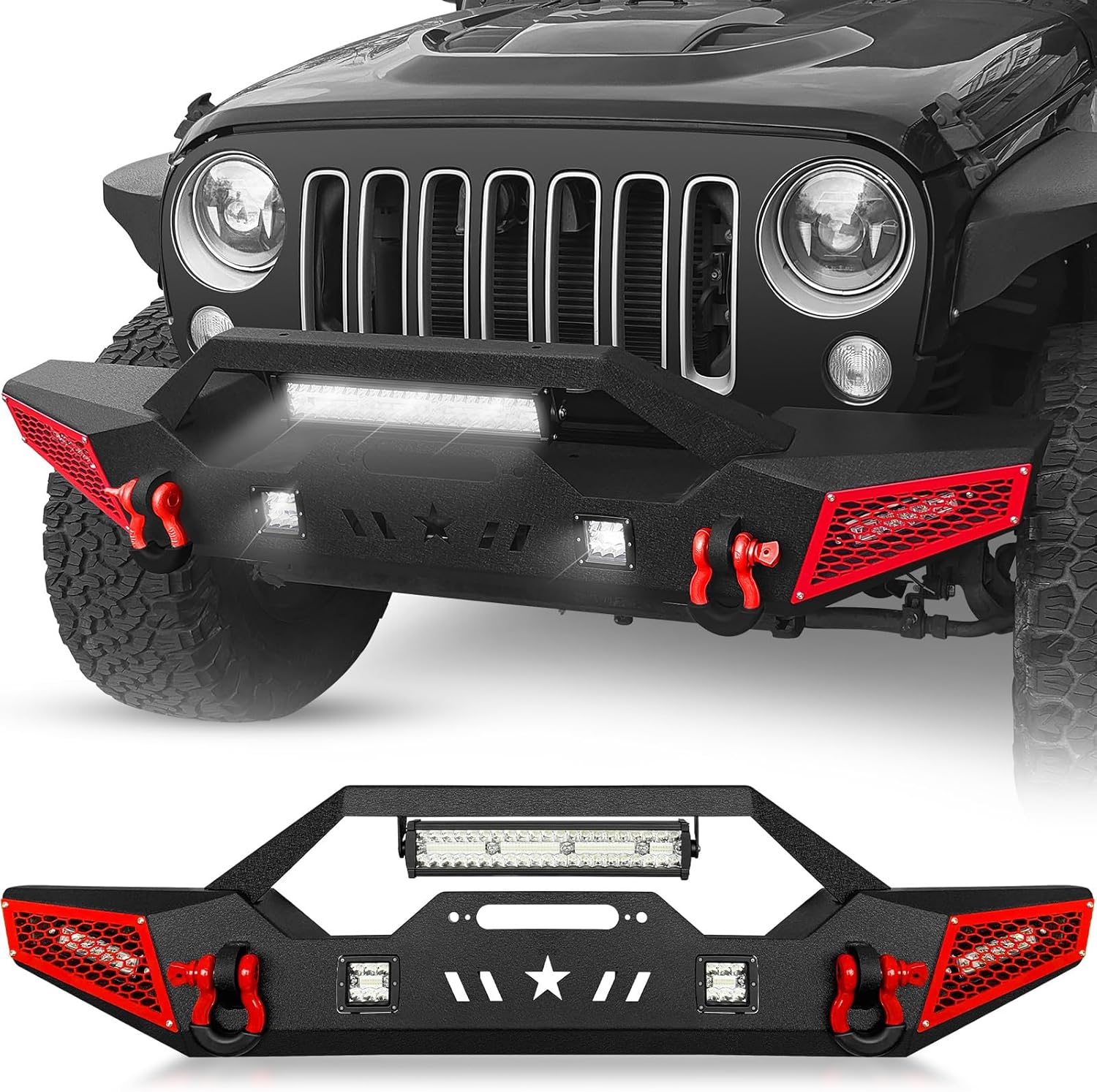 Parachoques delantero compatible con Jeep Wrangler JK JL JKU JLU Unlimited 2007-2024 y Gladiator JT – Parachoques todoterreno con placa de