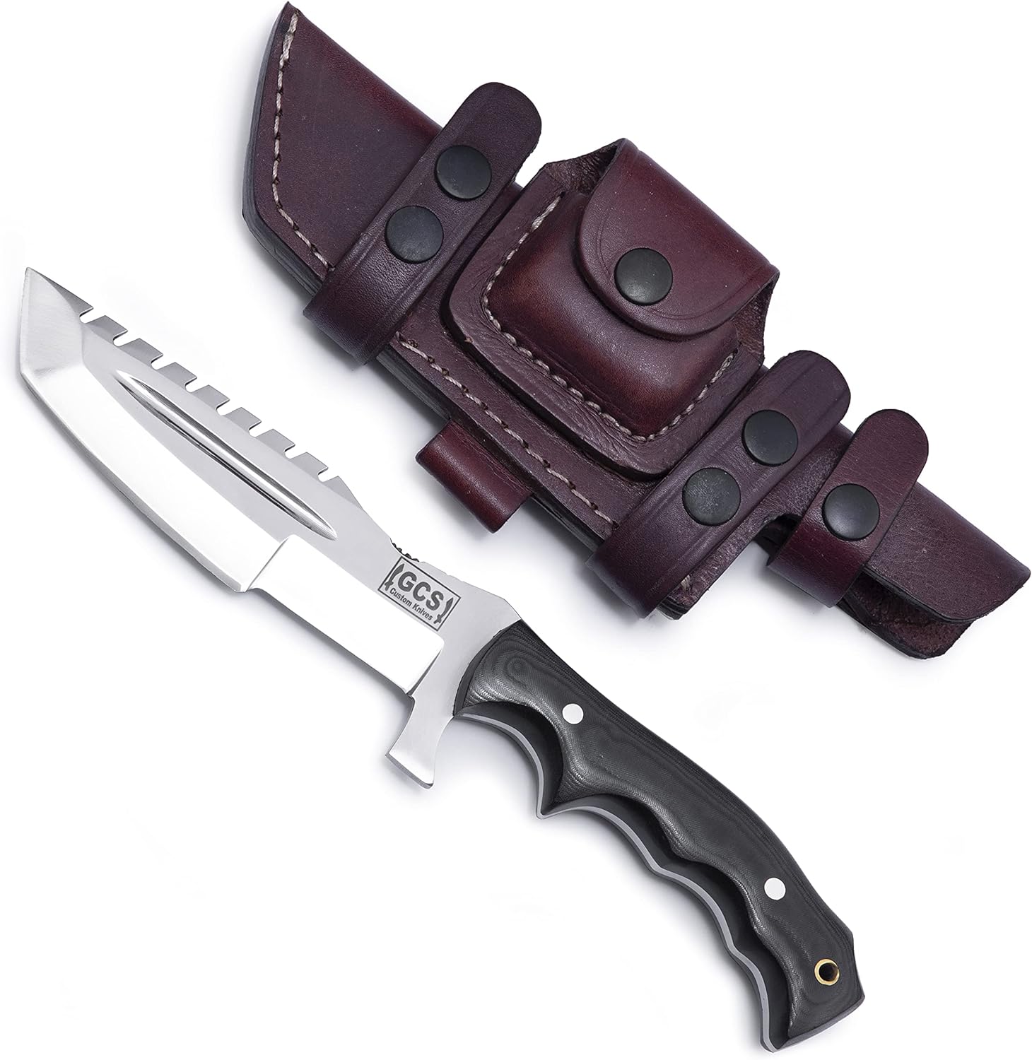 GCS – Cuchillo de caza hecho a mano D2, cuchillo de caza de acero G10, cuchillo de hoja fija, mano derecha, Scout, llevar funda de piel de búfalo y