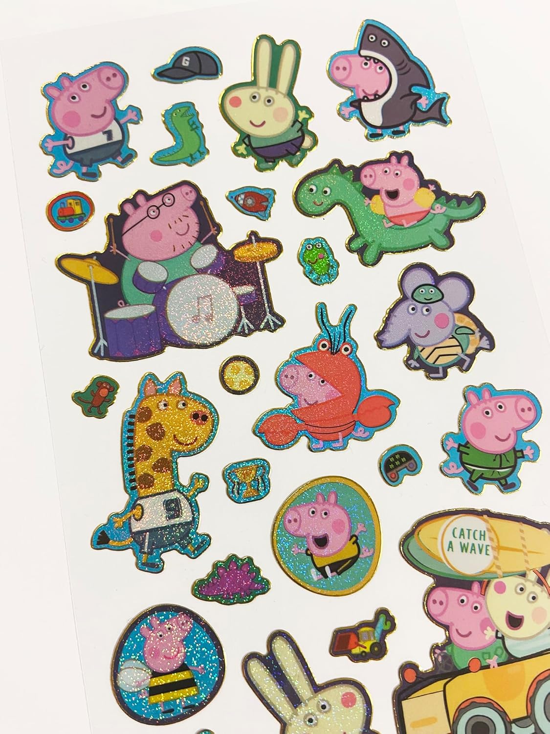 01.70.06.154 Peppa y George Pig Green – Pegatinas reutilizables brillantes, 7.7 in x 3.7 in