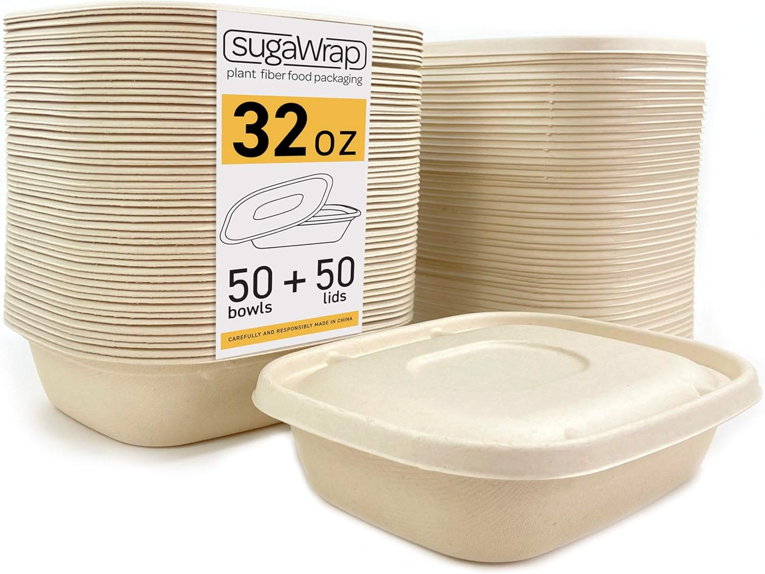 SugaWrap Recipientes desechables de 32 onzas con tapas 50 cuencos + 50 tapas Bambú biodegradable ecológico y caña de azúcar, resistentes y a prueba