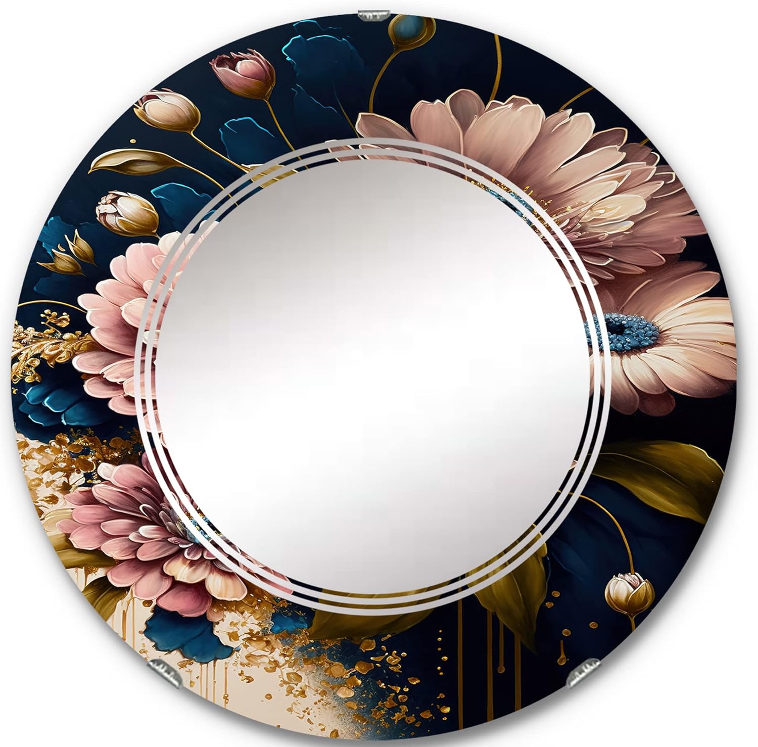 DesignQ Burgundy and Blue Daisy Bunch I- Vanity Mirror, Bathroom Mirrors, Wall Mirrors for Living Room, Bedroom – Round Mirror – Large 24’x24′,