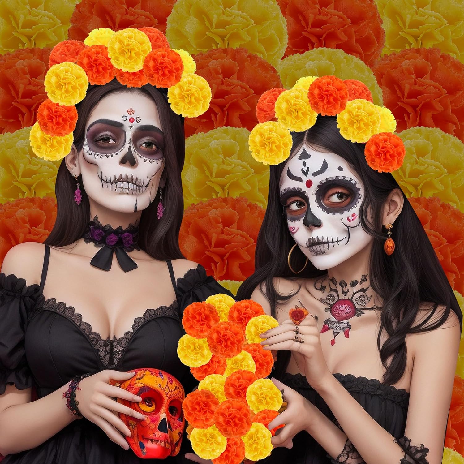 50 piezas de flores artificiales de caléndula de seda naranja amarillo flores para el Día de los Muertos Diwali decoración del hogar temática india