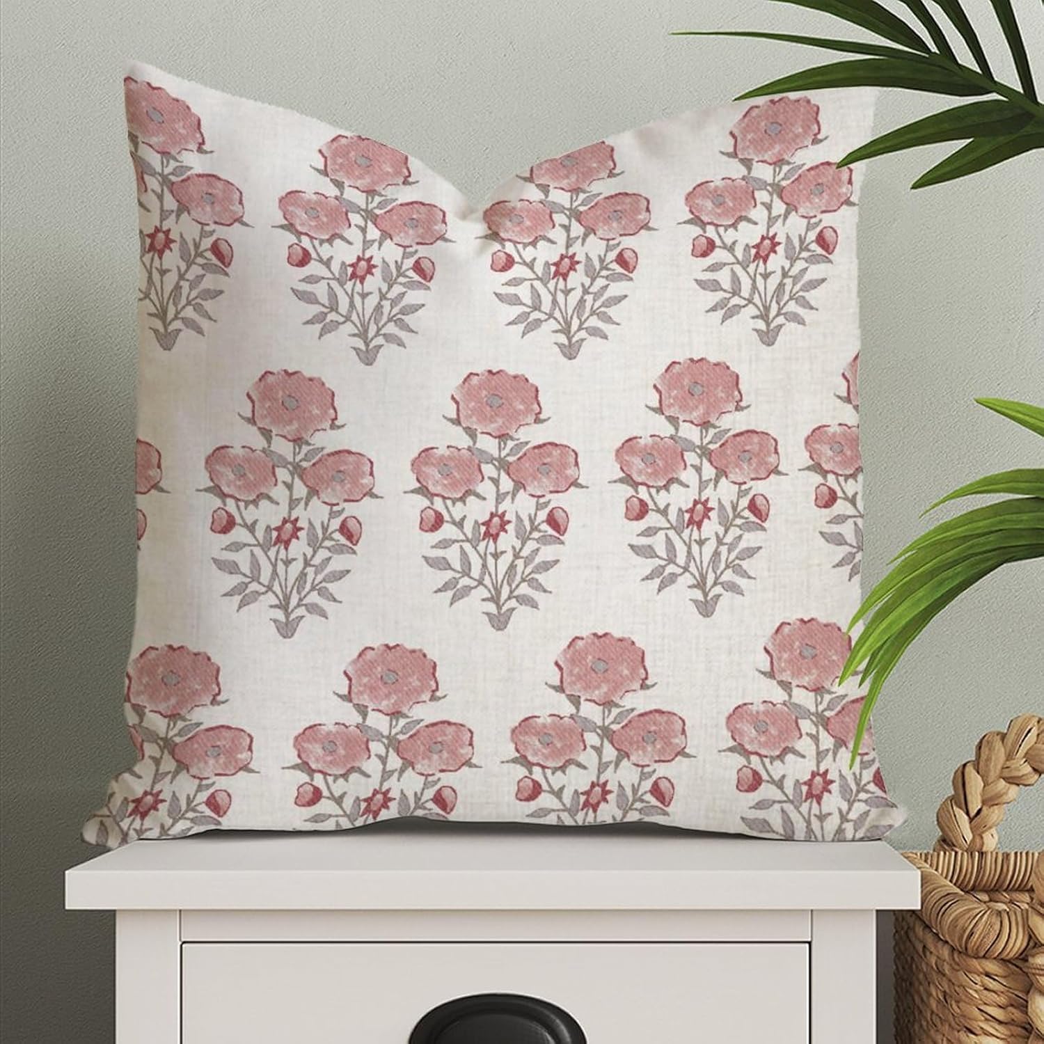 Funda de almohada estilo chinoiserie, diseño de flor mogol en monzón, color rojo rosa, funda de cojín asiática, 24 x 24 pulgadas, decoración del