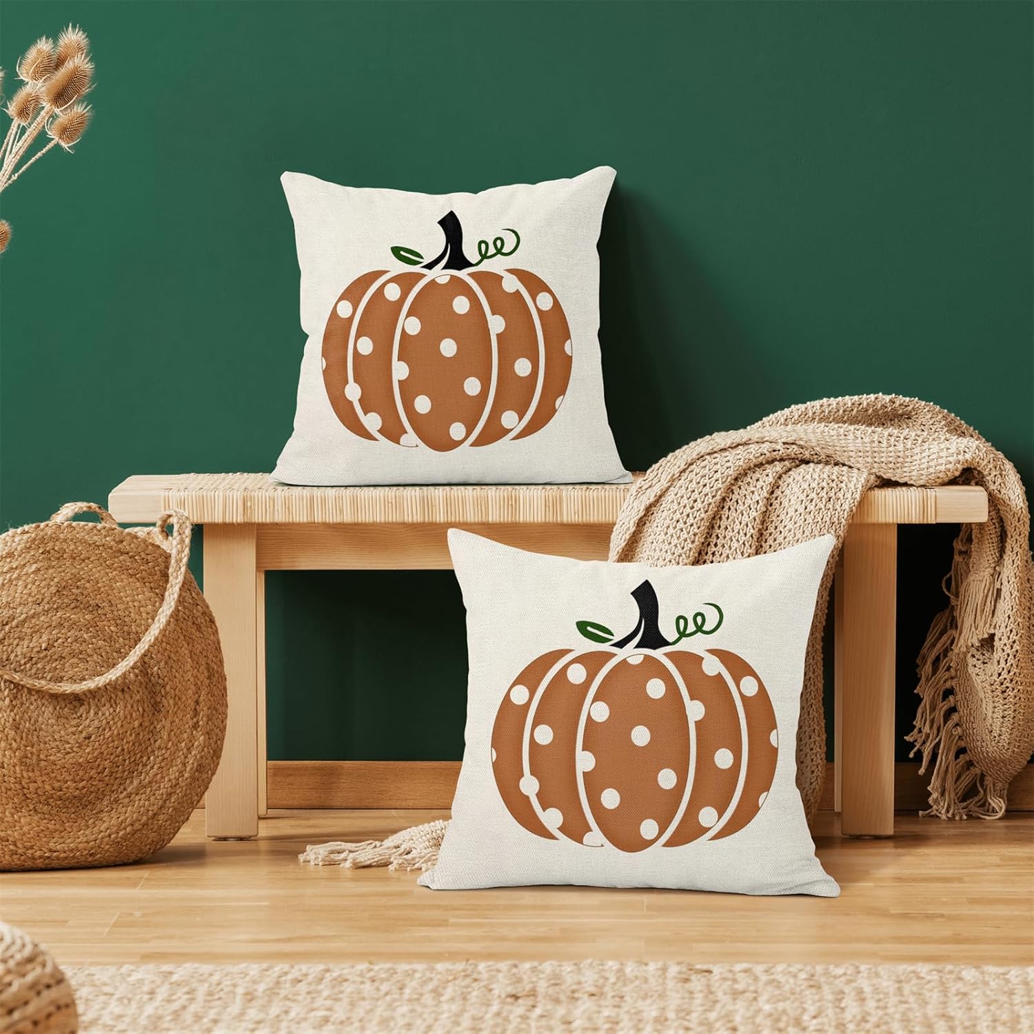 Juego de 2 fundas de almohada de otoño de 18 x 18 pulgadas, diseño de calabaza con lunares naranjas, decoración de otoño, Acción de Gracias, para