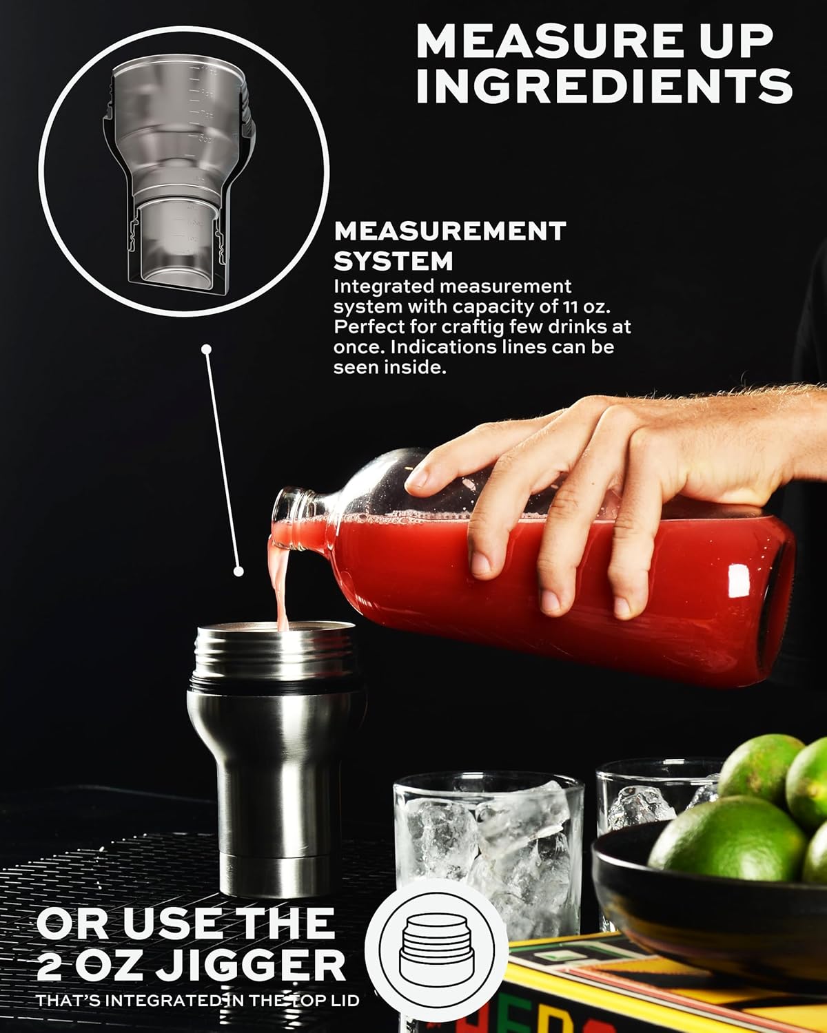 Coctelera híbrida  Acero inoxidable aislado al vacío  Grande 31 oz  A prueba de fugas  Sistema de medición integrado, colador y tapa de jigger