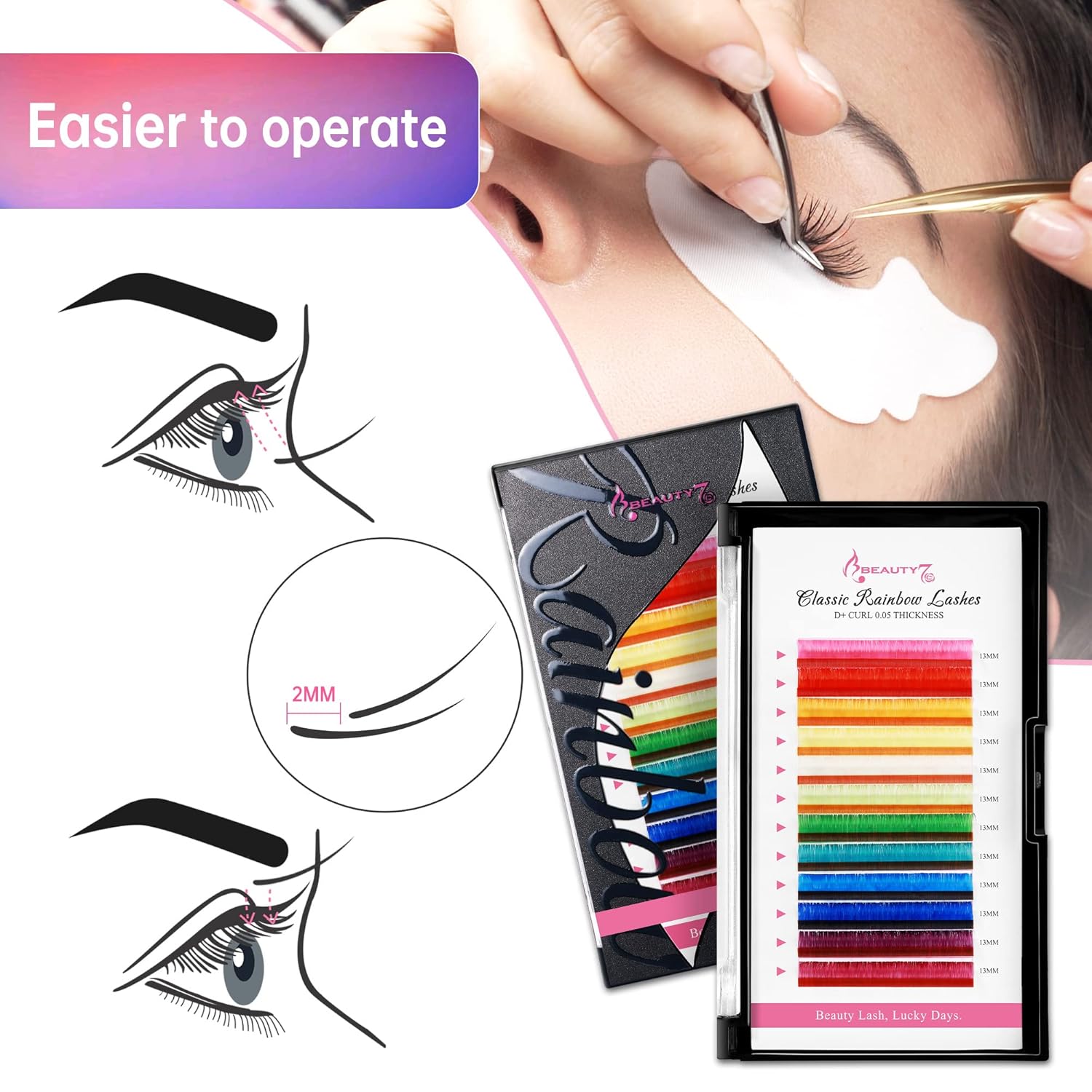 Beauty7 Extensiones de pestañas de colores arco iris, pestañas clásicas, 12 colores, rizo D+, 0.002 in de grosor, 0.512 in, pestañas dramáticas,