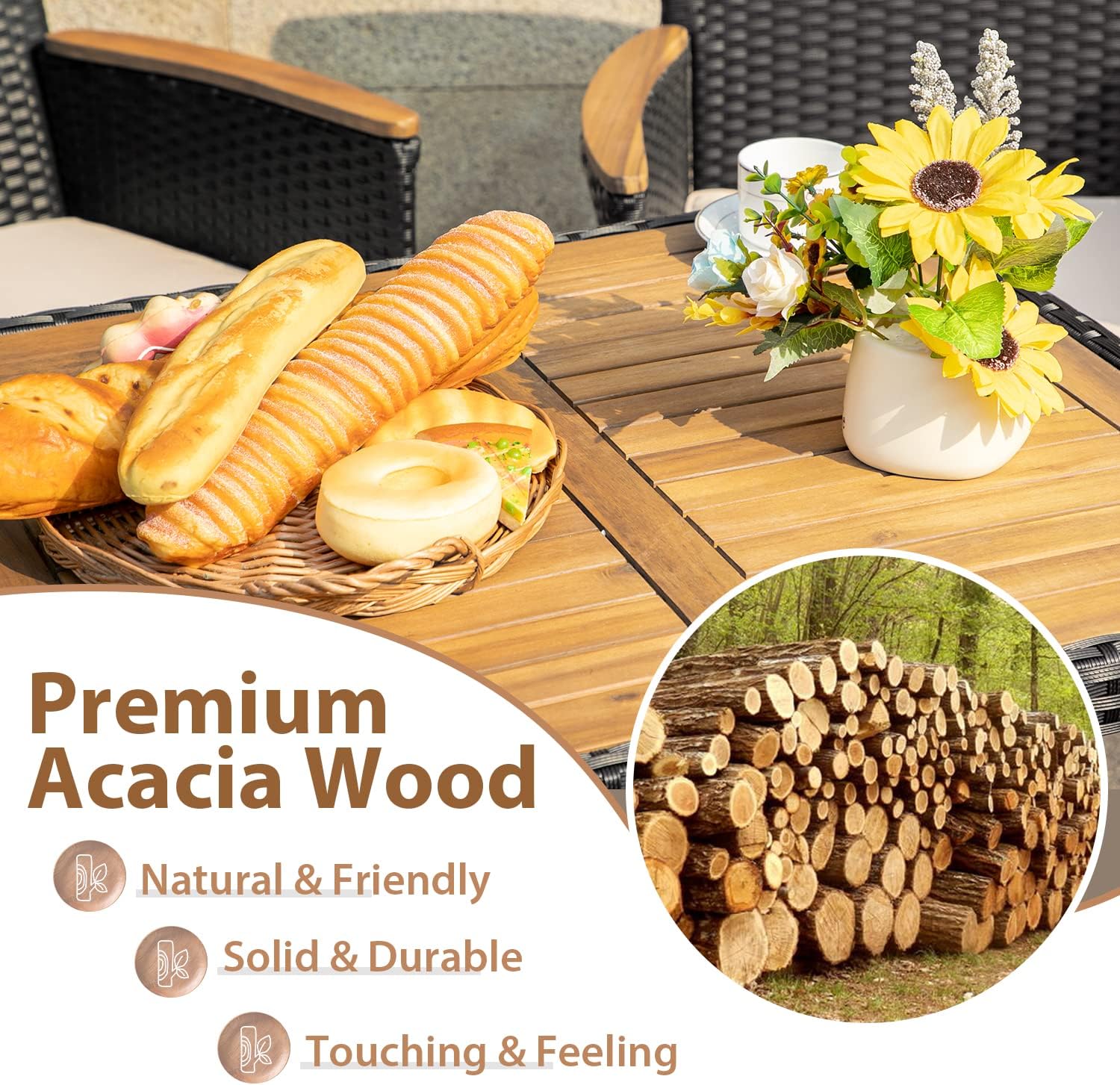 Flamaker Juego de 3 muebles de patio al aire libre de mimbre para patio, mesa y sillas de madera de acacia con cojín para terraza, patio trasero,