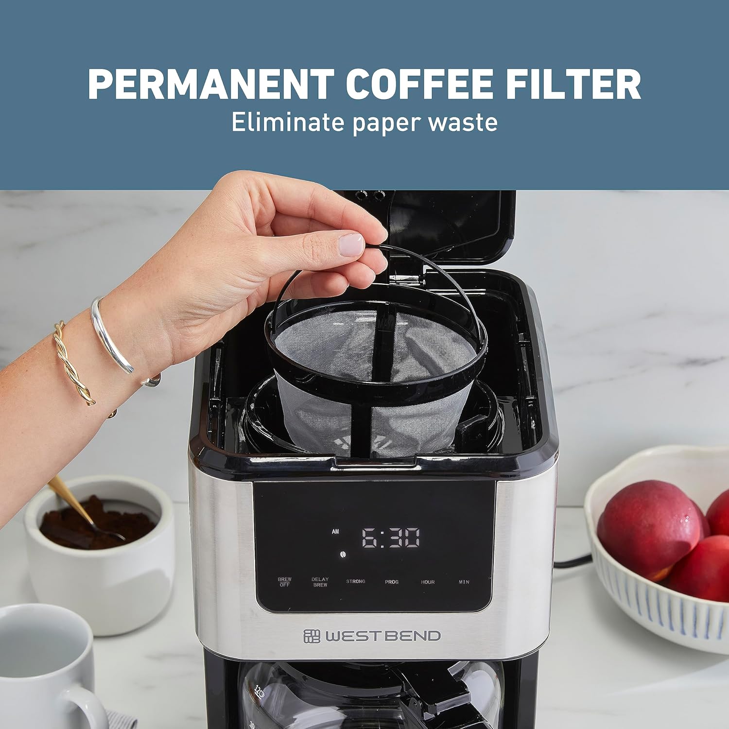 West Bend Cafetera de goteo que prepara caliente o helado, programable con selector de fuerza de preparación y apagado automático y 6 funciones con