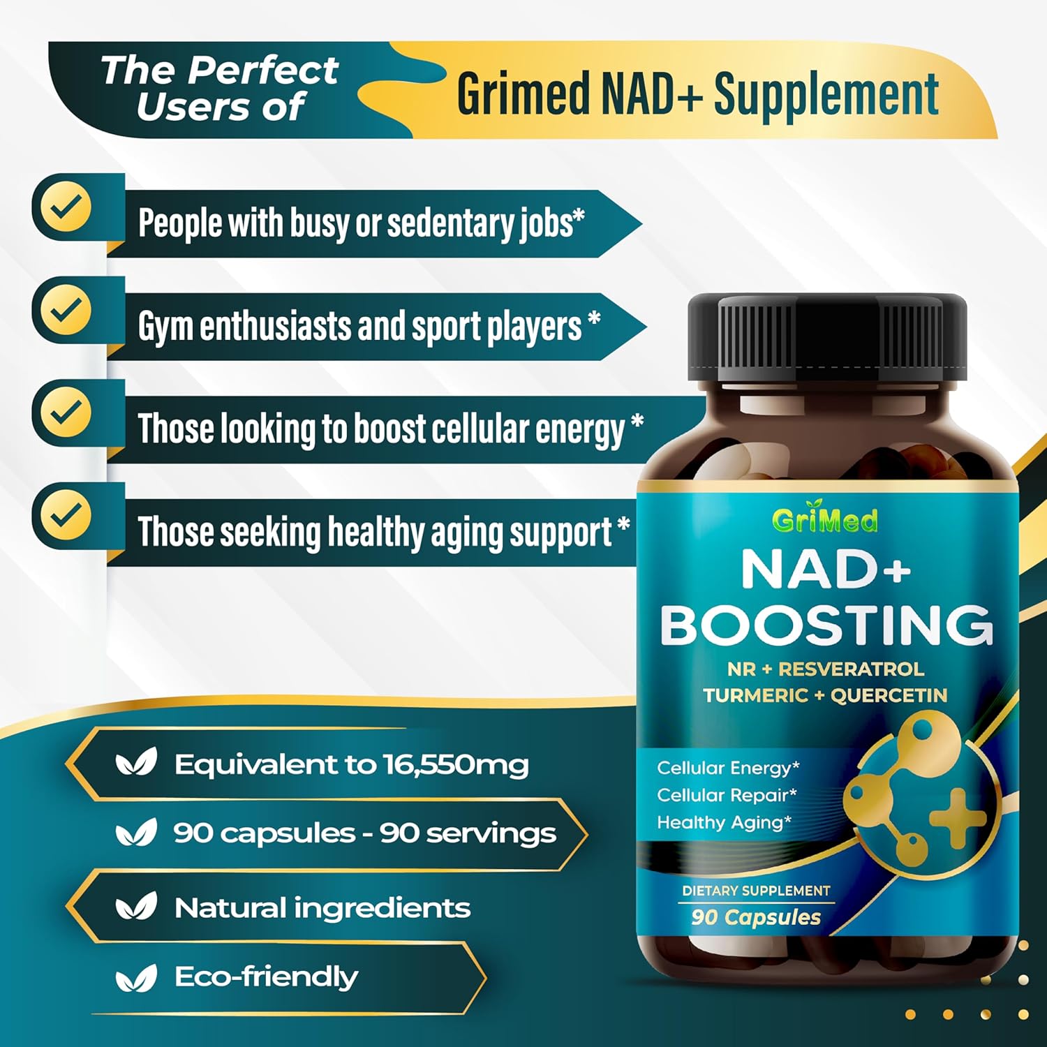 NAD + Potencia de 16,550 mg – x12 con NR + resveratrol cúrcuma + quercetina – Energía celular, reparación celular, envejecimiento saludable –