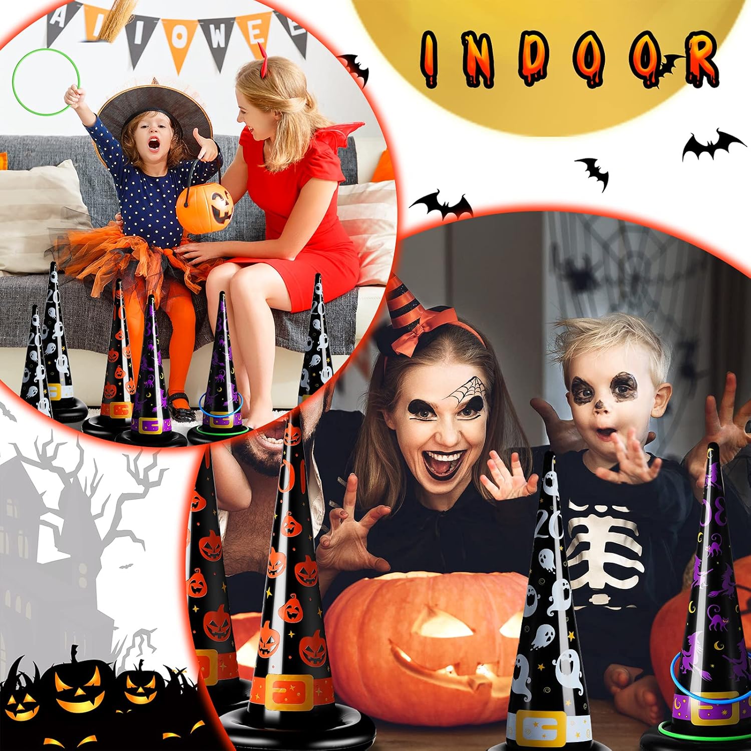 31 piezas de juegos de fiesta de Halloween, juego de lanzamiento de anillos de Halloween, sombrero de bruja inflable, incluye 10 sombreros de bruja